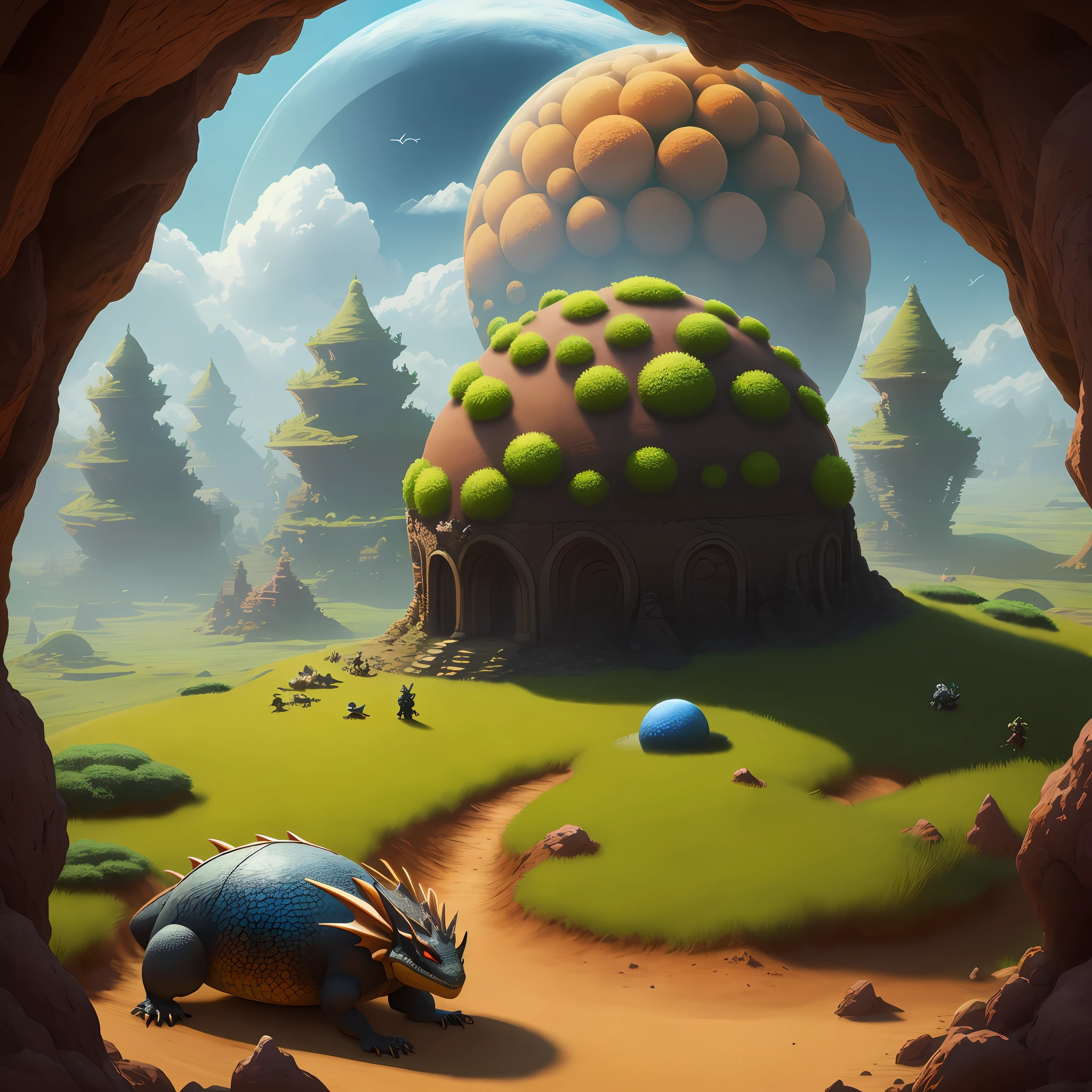 Anthill, enlarged, dragon shape, burrows, spherical dome, fantasy effects, realism, 4k --ar