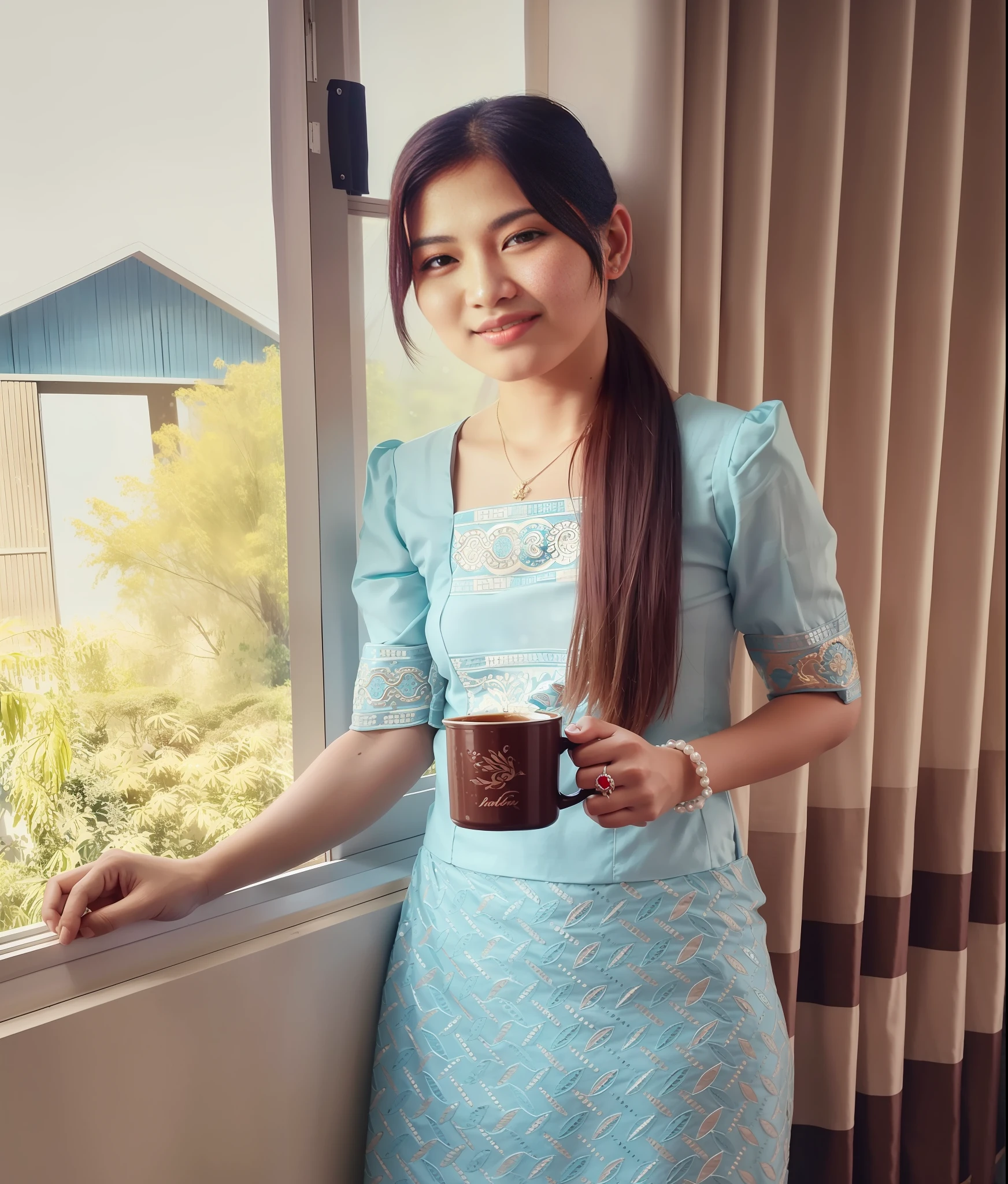 there is a woman standing by a window holding a cup of coffee, nivanh chanthara, in style of lam manh, sukhothai costume, in style of thawan duchanee, wearing traditional garb, hard morning light, morning time, standing near a window, morning sunlight, nuttavut baiphowongse