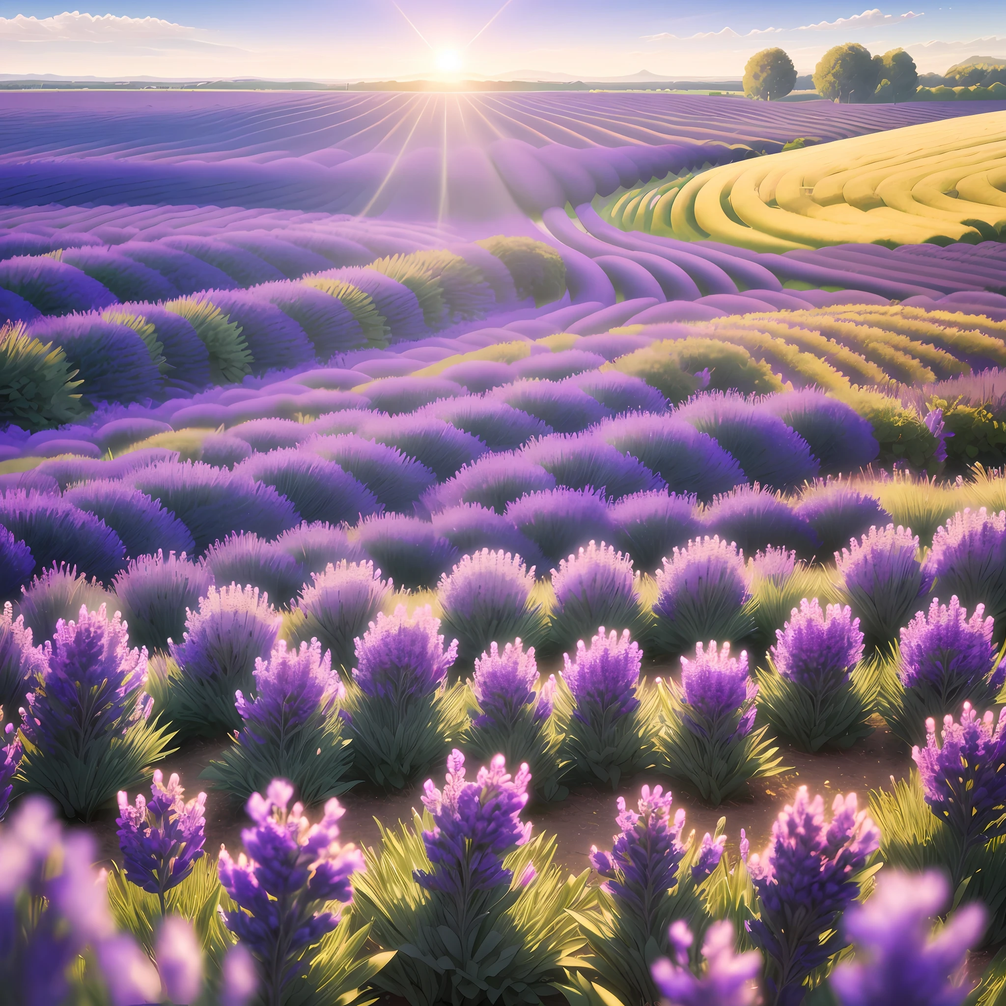 a beautiful field of lavender flowers, illuminated by the morning sun, very beautiful, masterpiece, soft cinematic background slightly blurred, 4k, HD.. style of the lavender fields of France in Europe.