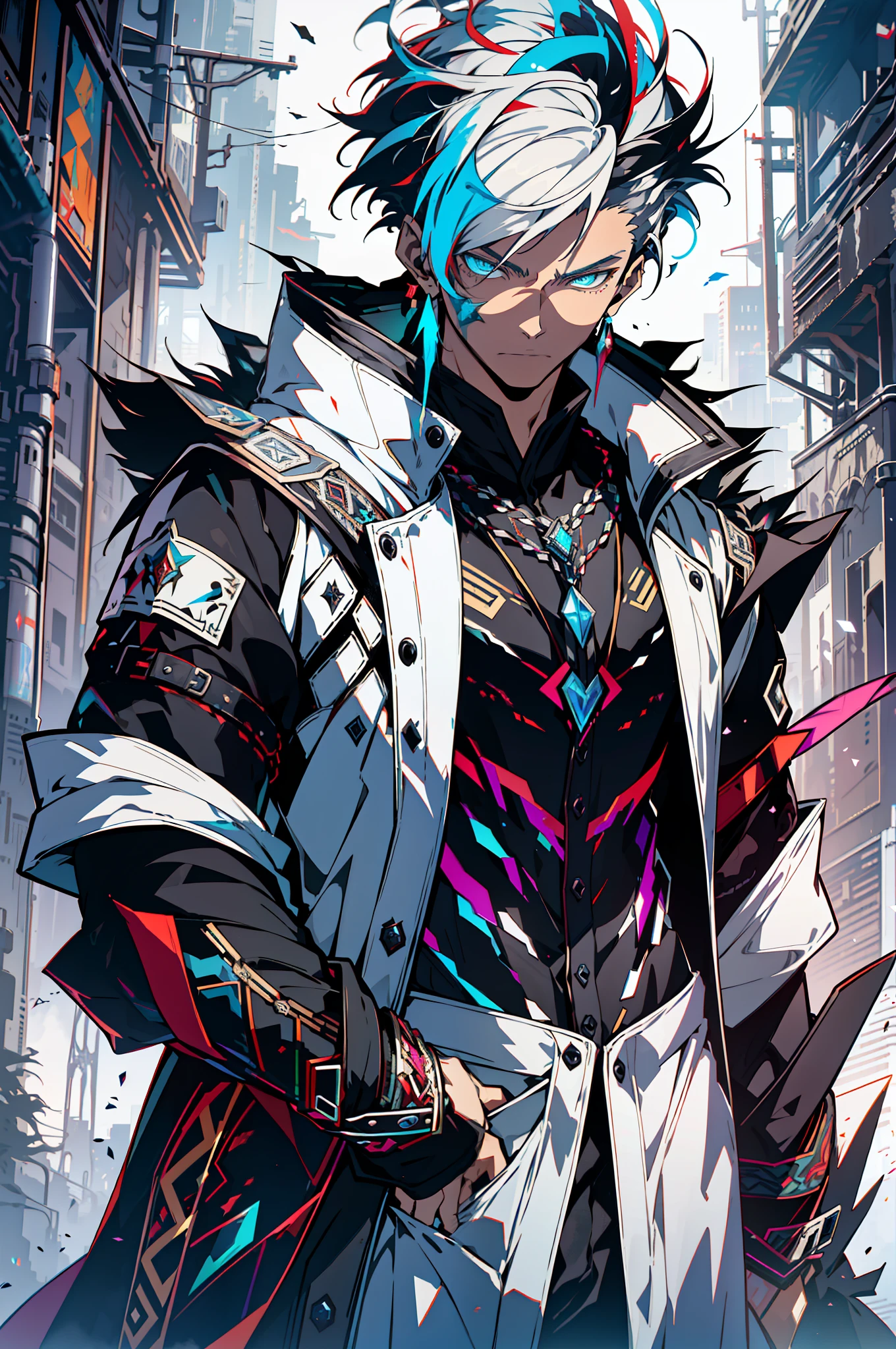 Cyberpunk male, fantasy world, dark background, clean design, epic instagram, artstation, colorful paint splatter, silhouette, hyper detailed intricate details, unreal engine, fantasy, intricate details, splash screen, complementary colors, Fantasy concept art, 8k resolution, deviantart masterpiece, oil painting, heavy strokes, paint dripping, (isolated on white background: 1.3), rainbow skin, (((handsome young man))), ((age:1.5) ), (glowing blue eyes), ((light eyes)), ((((short white hair: 1.1))), ((black clothes)), (prince\\(indifferent expression\\),, ( ((Wears high detail luxurious black robe))), white hair, frost magic, ((chest) --v 6