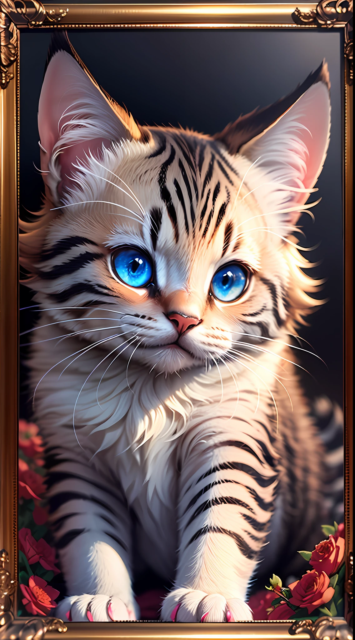 Um gatinho fofo, ((vestindo terno:1,8)), heart-shaped pupils, smile, grin, high detail, Conceptual art, Renaissance, chiaroscuro, depth of field, cinematic lighting, glowing light, god rays, bloom, chromatic aberration abuse, scanlines, scanlines, scanlines, image fill, silhouette, afterimage, border, framed, outside border, UHD, anatomically correct, masterpiece, best quality, 8k