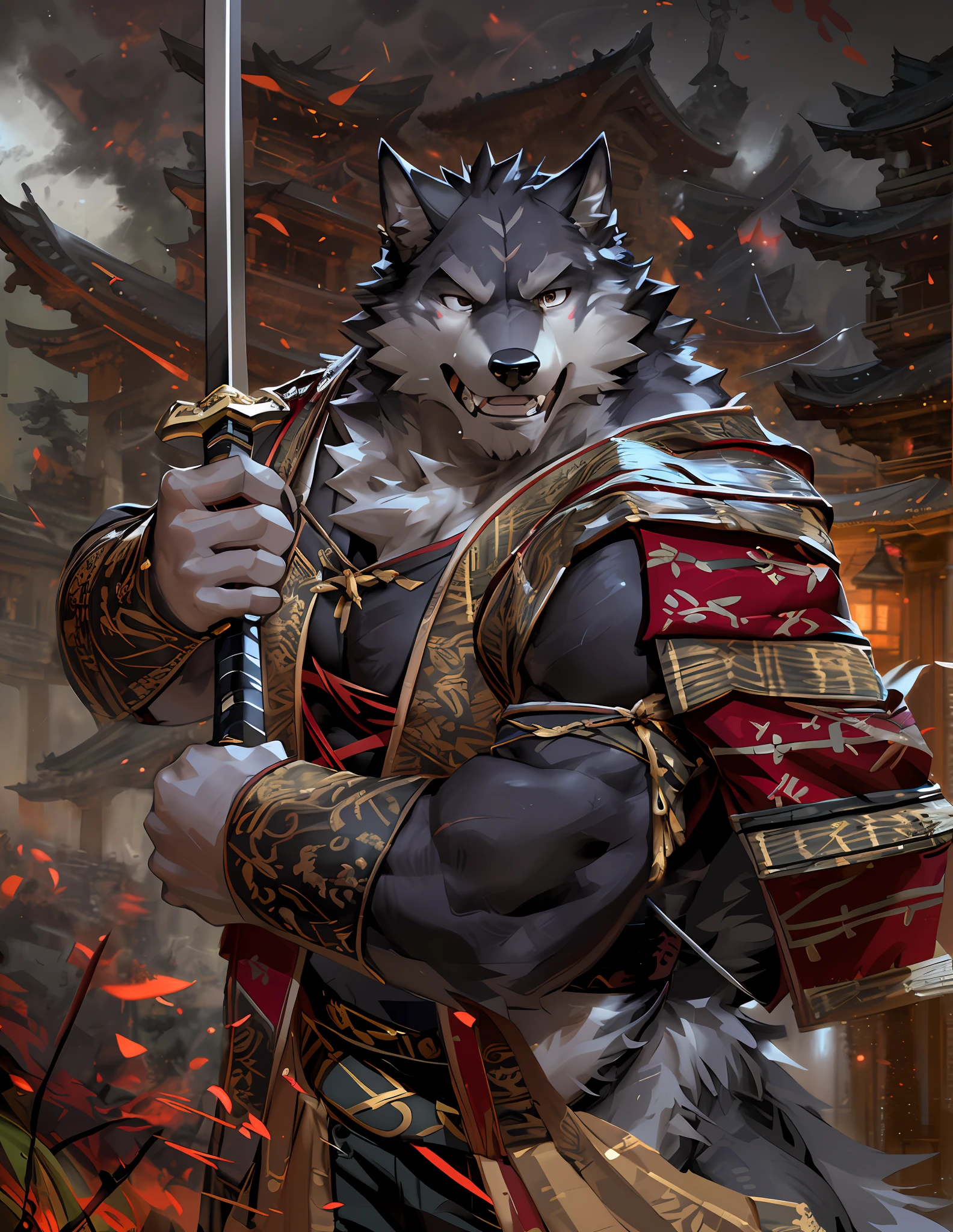masterpiece,best quality,ultra detailed face, dynamic angle, (dynamic fighting pose), japanese sword, (katana), motion trails, dreamy, drawing, trending on artstation, anthro (wolf), solo, male, (wolf), black beard,middle-aged, scar, gray body,white belly,muscular, (black kimono),fury,brutal,clenched tooth, correct anatomy, correct hand,,hd, dim ,dark,dark shadows, light against dark,cinematic, dramatic light,wide dynamic range, hdr, low light:1.2, by Pino Daeni, (by ruaidri), by virtyalfobo