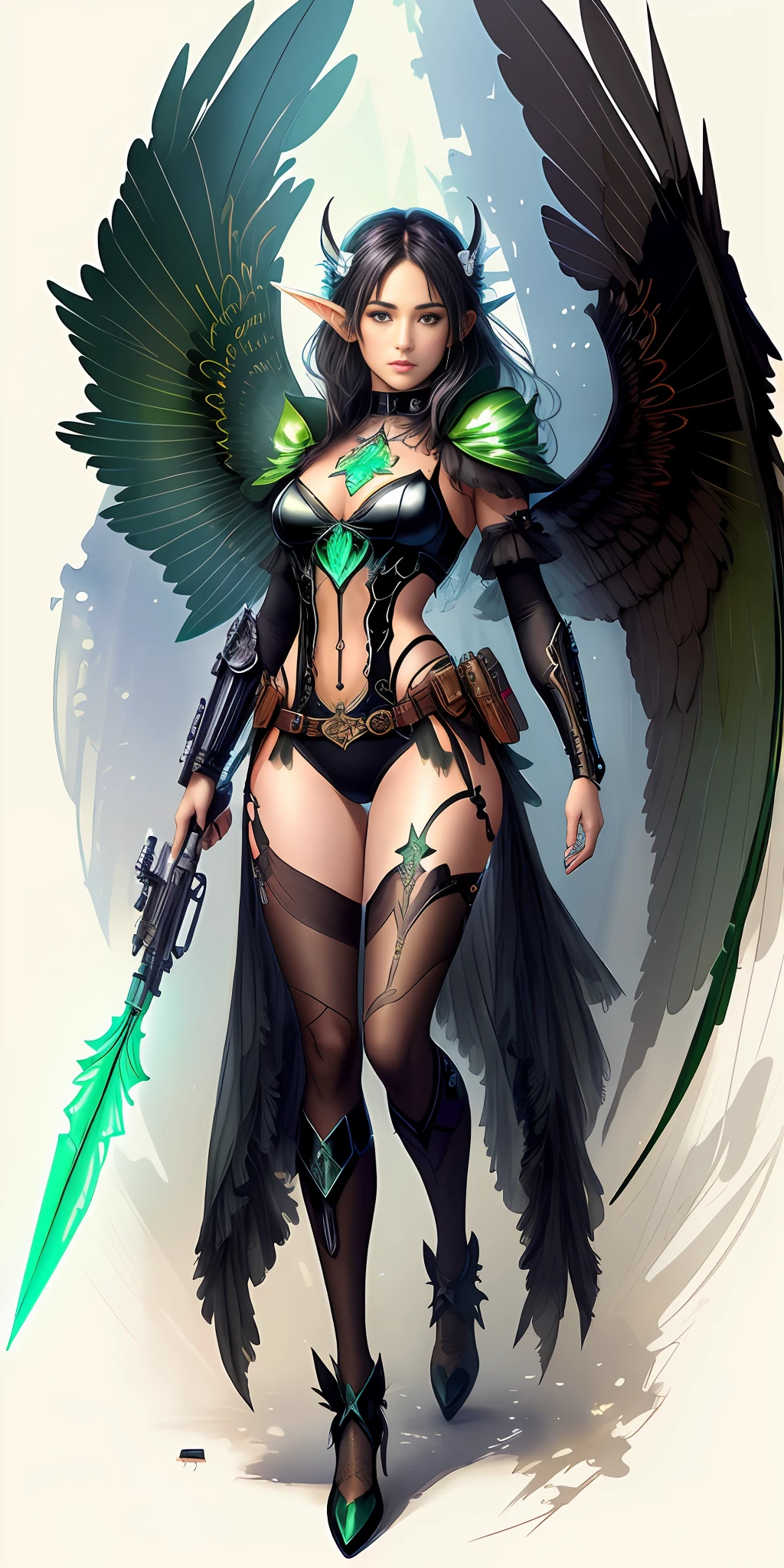 A Masterpiece, Tinker Bell Style Black Fairy Sticker: Disney One Arm Cyborg Wearing Alternate Leaf Green Costume, Translucent Wings, Shy and Seductive, Full Body, Natural Pose, Artwork by Luis Royo, Freedom, Digital Illustration, ( steampunk style), perfect anatomy, symmetrical face, well-shaped eyes, pretty face, elf ears, well defined hips, with a belt with several pockets, centered, approaching perfection, dynamic, highly detailed, watercolor painting, season art, concept art, soft, sharp focus, illustration, art by Carne Griffiths and Wadim Kashin, unique, award-winning, masterpiece, torn clothing