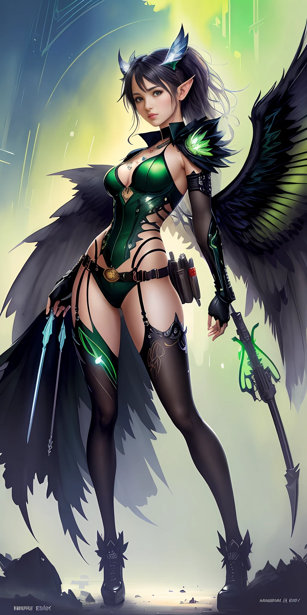 A Masterpiece, Tinker Bell Style Black Fairy Sticker: Disney One Arm Cyborg Wearing Alternate Leaf Green Costume, Translucent Wings, Shy and Seductive, Full Body, Natural Pose, Artwork by Luis Royo, Freedom, Digital Illustration, ( steampunk style), perfect anatomy, symmetrical face, well-shaped eyes, pretty face, elf ears, well defined hips, with a belt with several pockets, centered, approaching perfection, dynamic, highly detailed, watercolor painting, season art, concept art, soft, sharp focus, illustration, art by Carne Griffiths and Wadim Kashin, unique, award-winning, masterpiece, torn clothing