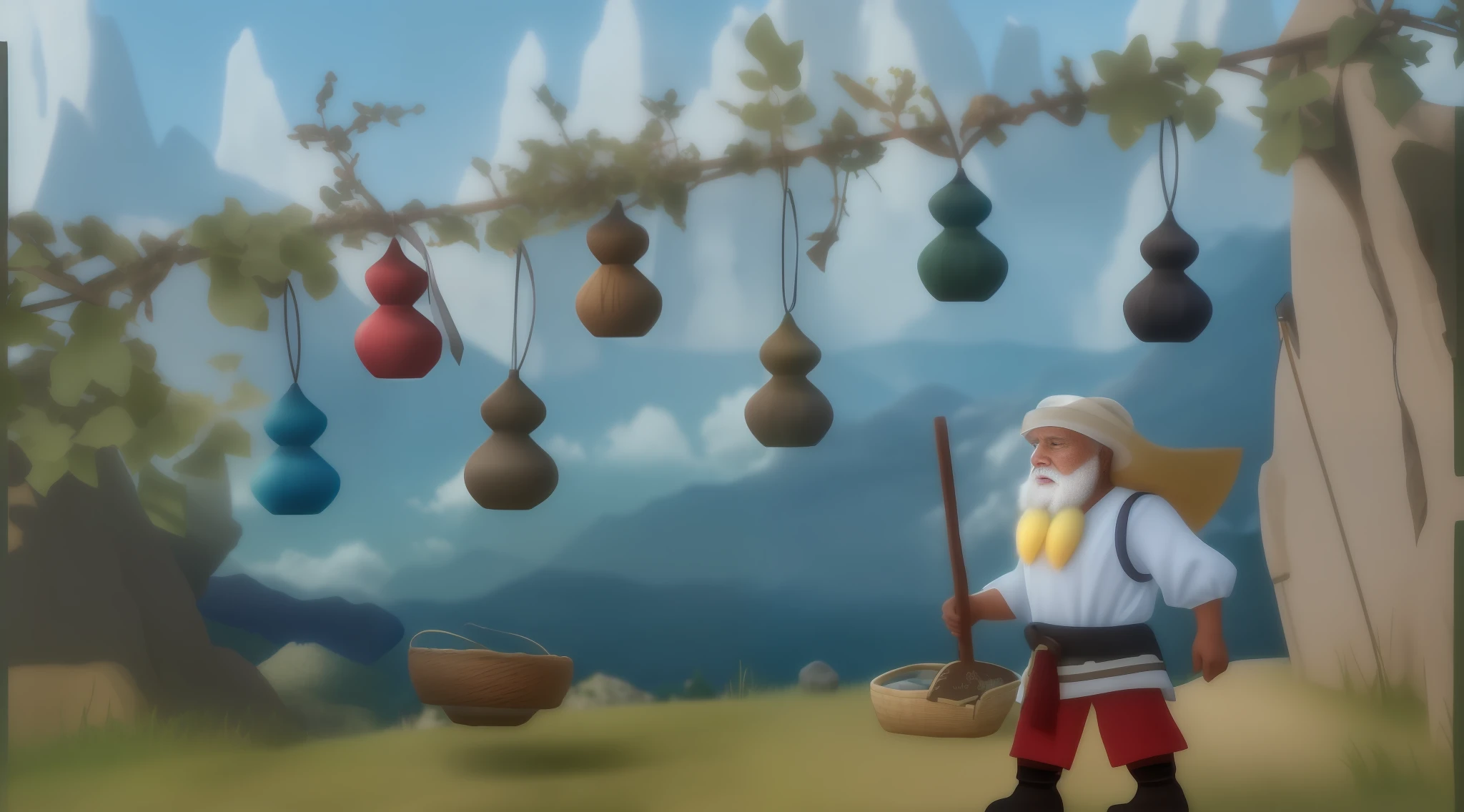 Between two huge mountain rocks there is a gourd vine, seven color_gradual_change gourds grow on it, an old man with a hoe and a basket on his back, the distant view is mountains and clouds, real light and shadow effects high contrast, ultra-clear, 8k, real skin, realistic, masterpiece