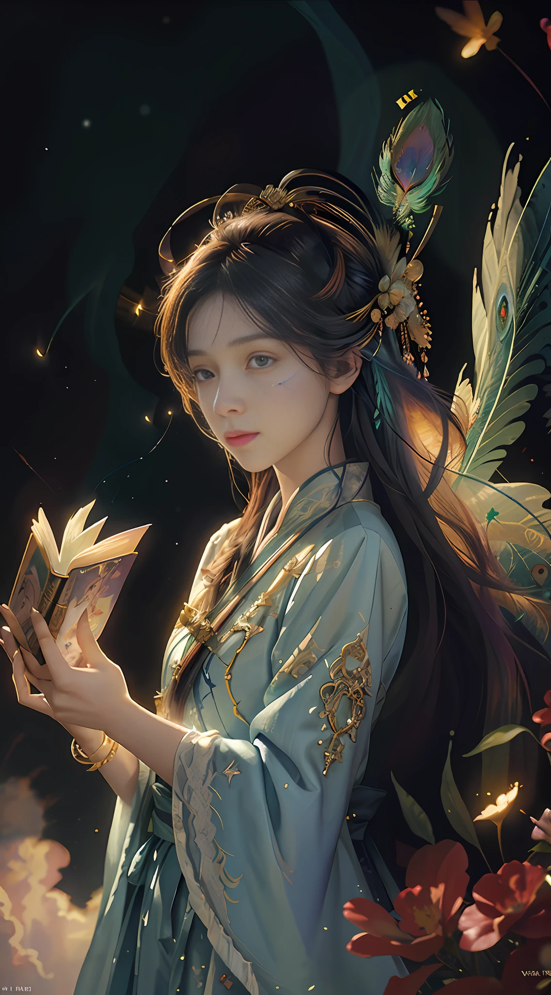 (Masterpiece, Top Quality, Best Quality, Extreme Detail, Supreme Detail, Official Art, Beauty and Aesthetics: 1.2), Colorful, Denim Shot, Upper Body Shot, Beautiful Face, Solo, Perfect Body, (Flying on Sky Clouds: 1.6), Fairy, Flowing Streamers, Sun Rays, Clouds, Full Body, Hanfu, Chinese Clothes, White Dress, Water, Fireflies, Night, Starry Sky, Jewelry, Feathers on Dress, Peacock Feathers, Light Particles, Volume Lighting, ray tracing (flowing streamers: 1.1), (fantasy novels: 1.2), illuminators, stars, fantasy, high contrast, ink strokes, overexposure, purple and red tone impressions, abstract, (watercolors by John Berkey and Jeremiman)) brush strokes,