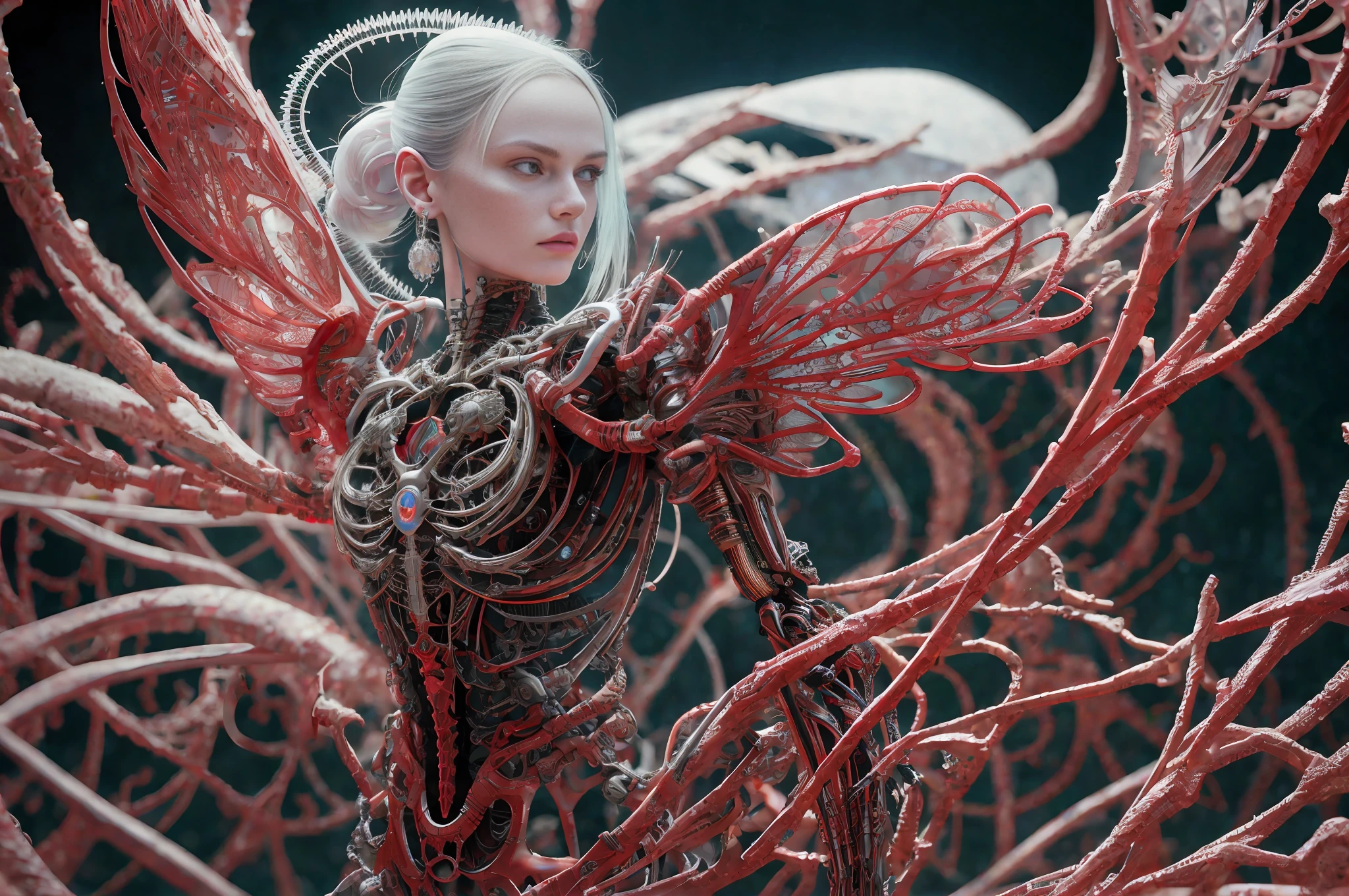 complex 3d render ultra detailed beautiful death angel, biomechanical cyborg, analog 150 mm lens, beautiful natural soft rim light, neon vein, roots, fine foliage lace, colorful details, Boris Bidjan Saberi outfit, pearl earrings, piercing, art nouveau fashion embroidered, intricate details, mesh wire, mandelbrot fractal, facial muscles, cable wires, microchip, badass, hyper realistic, ultra detailed, octane render, volumetric lighting, 8k post-production, red and white with a bit of black, detailled metalic bones, semi human, iridescent colors, Glenn Brown style, futuristic room, power of the god, high-angle shot, complex body poses