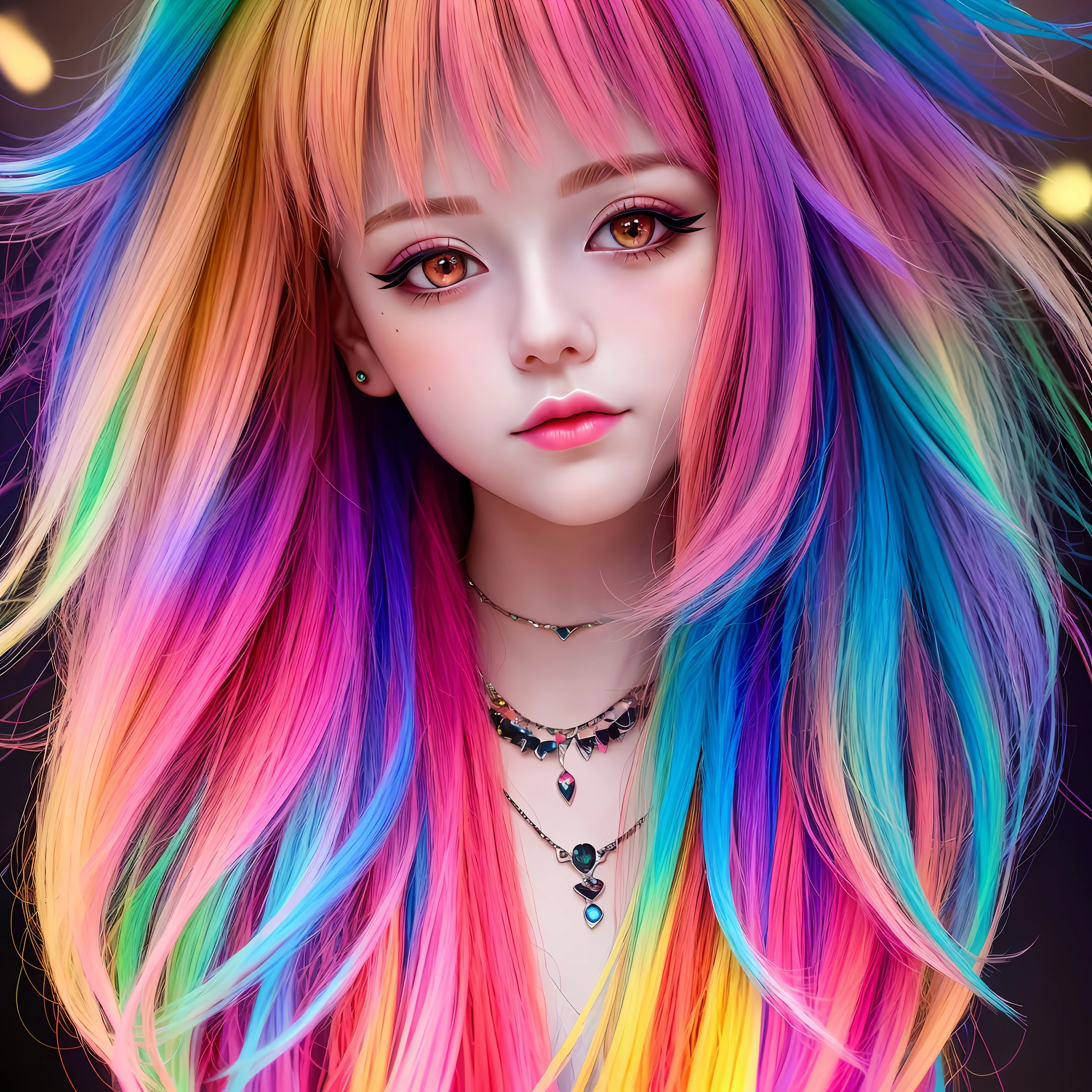 multicolored hair, hair bow, heart-shaped pupils, makeup, blonde, jewelry, gradient eyes, depth of field, surrealism, glowing light, first-person perspective, masterpiece, textured skin, UHD,