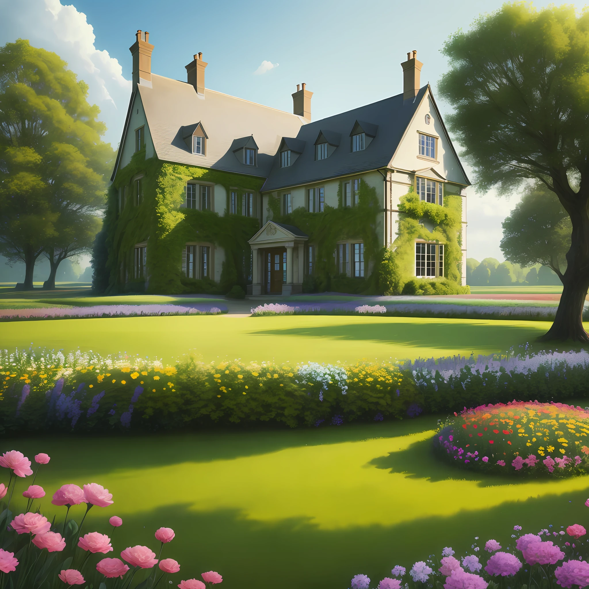 a beautiful country house in a field of very beautiful flowers, masterpiece, well-defined colors, movie poster style, 4k, HD, UHD.