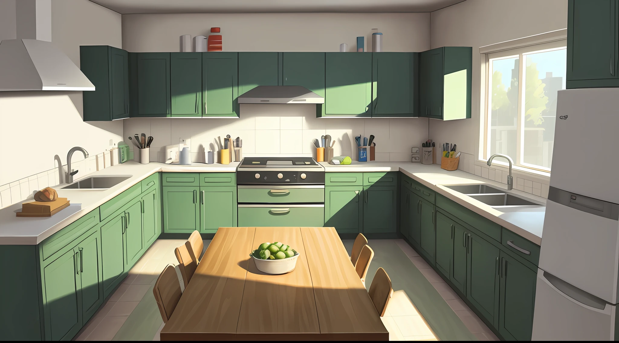Exact, Wikihow, highlighted, delineated, GTA5 painting, comic, a empty kitchen with large table, ((no person))
