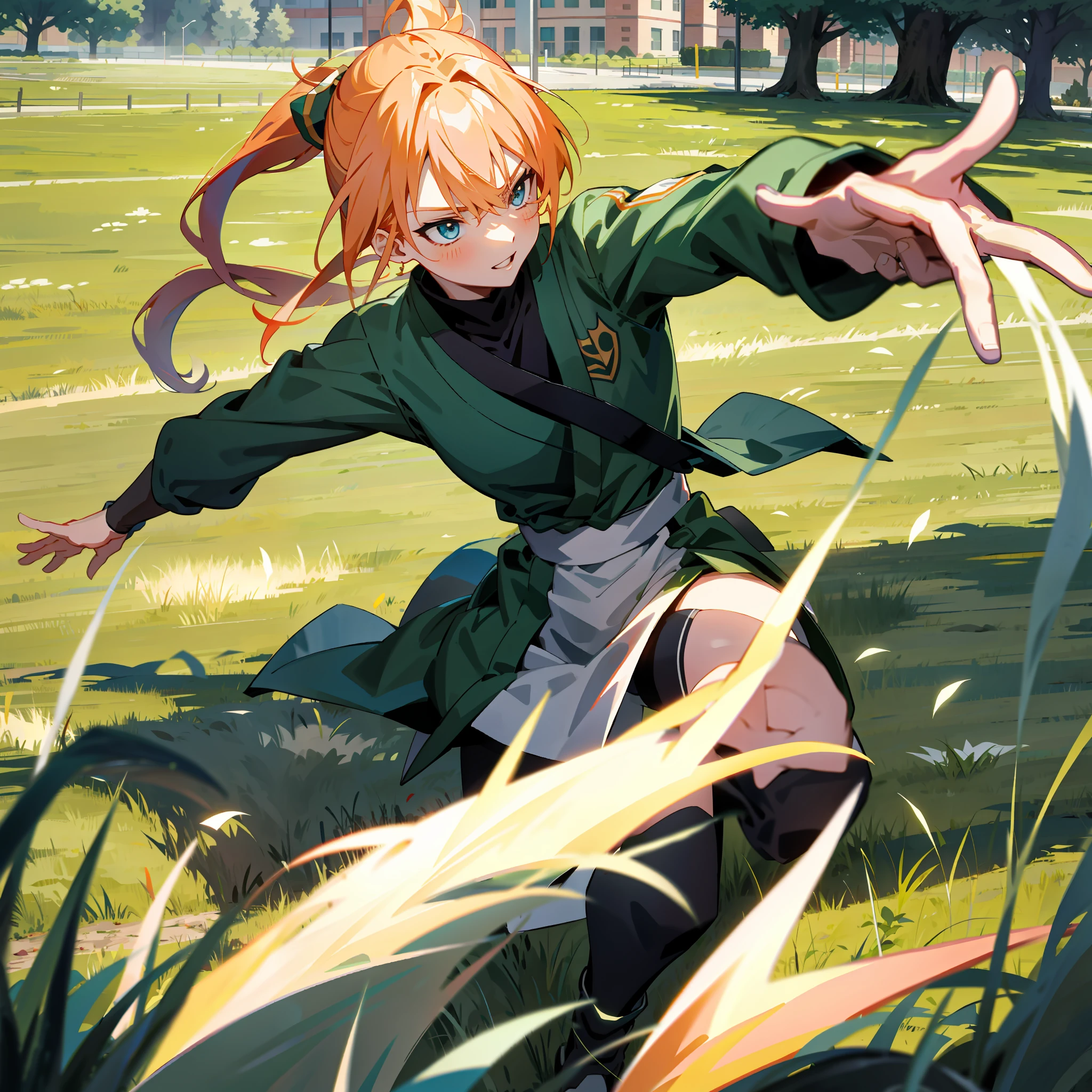 Anime combat teacher in grassy courtyard
