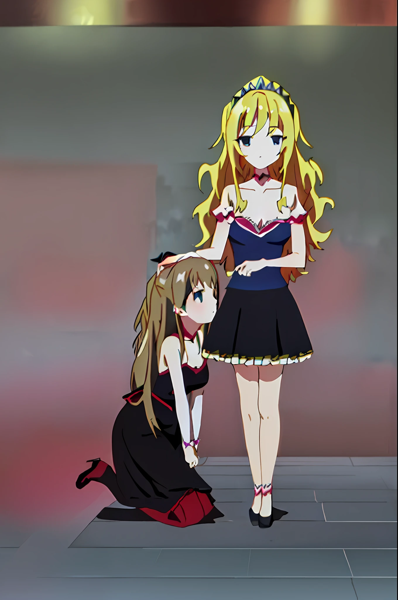 Masterpiece, best quality, ((HD quality)), anime style, Liliana, (detailed face), long wavy blonde hair, shoulder length hair, (blue eyes), (big breasts))), ((black dress with red details)), ((full body)), ((ballroom stage))