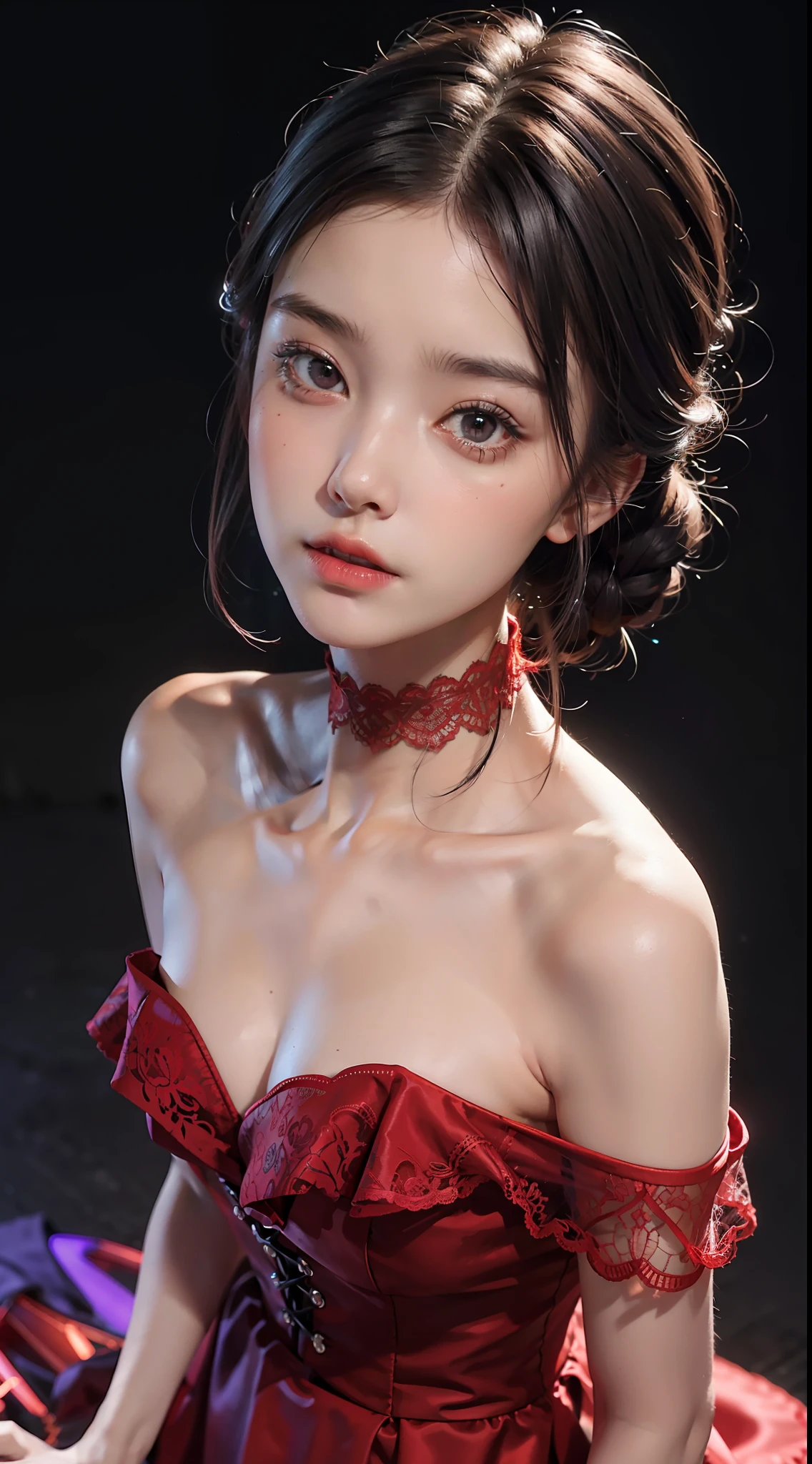 close up, (neon, night view, dutch angle, from above, strapless:1.3), masterpiece, best quality, raw photo, photorealistic, off shoulder, red lace dress, red choker, reddish purple eyes, updo, upper body, cleavage, facelight, shiny skin, film grain, chromatic aberration, absurdres, highres, ultra detailed, finely detail, detailed eyes and face, sharp pupils, realistic pupils, sharp focus