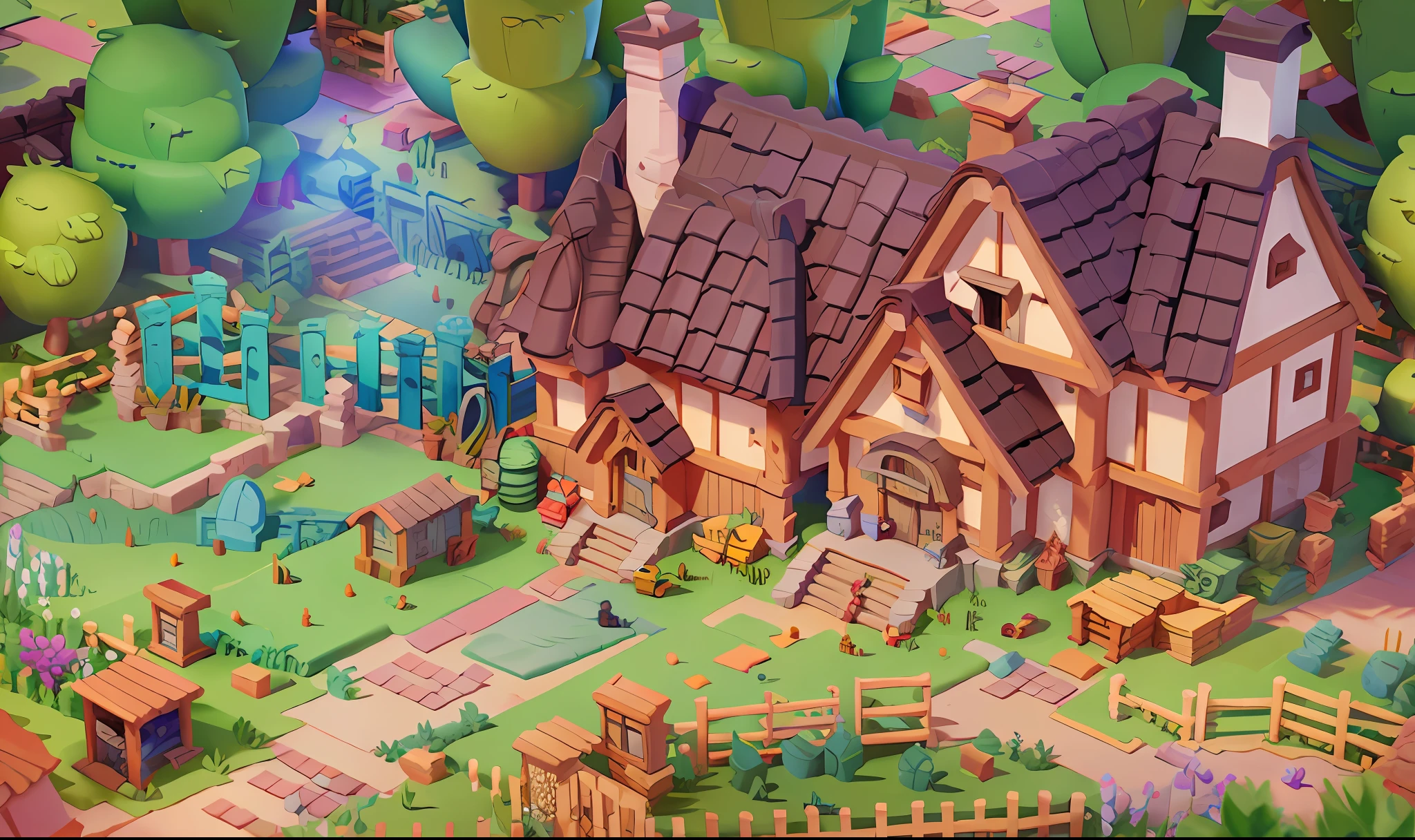 Best quality, masterpiece, cartoon, large farm building, farm fence and crops, brick walls, trees, beautiful dwelling, old design, best quality, 32k --v 6
