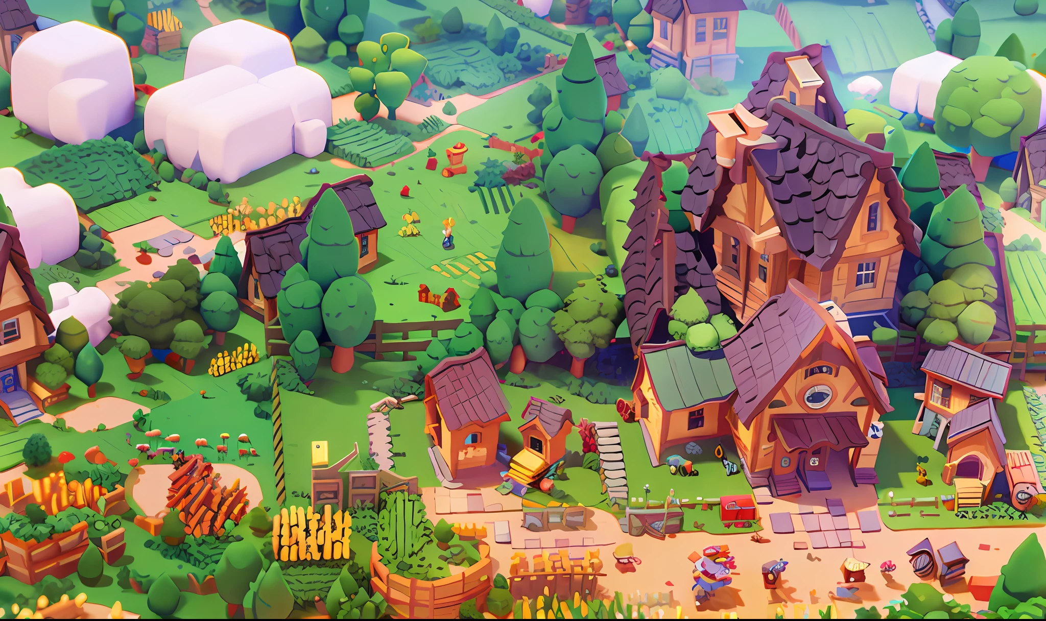 Best quality, masterpiece, cartoon, large farm building, farm fence and crops, brick walls, trees, beautiful dwelling, old design, best quality, 32k --v 6