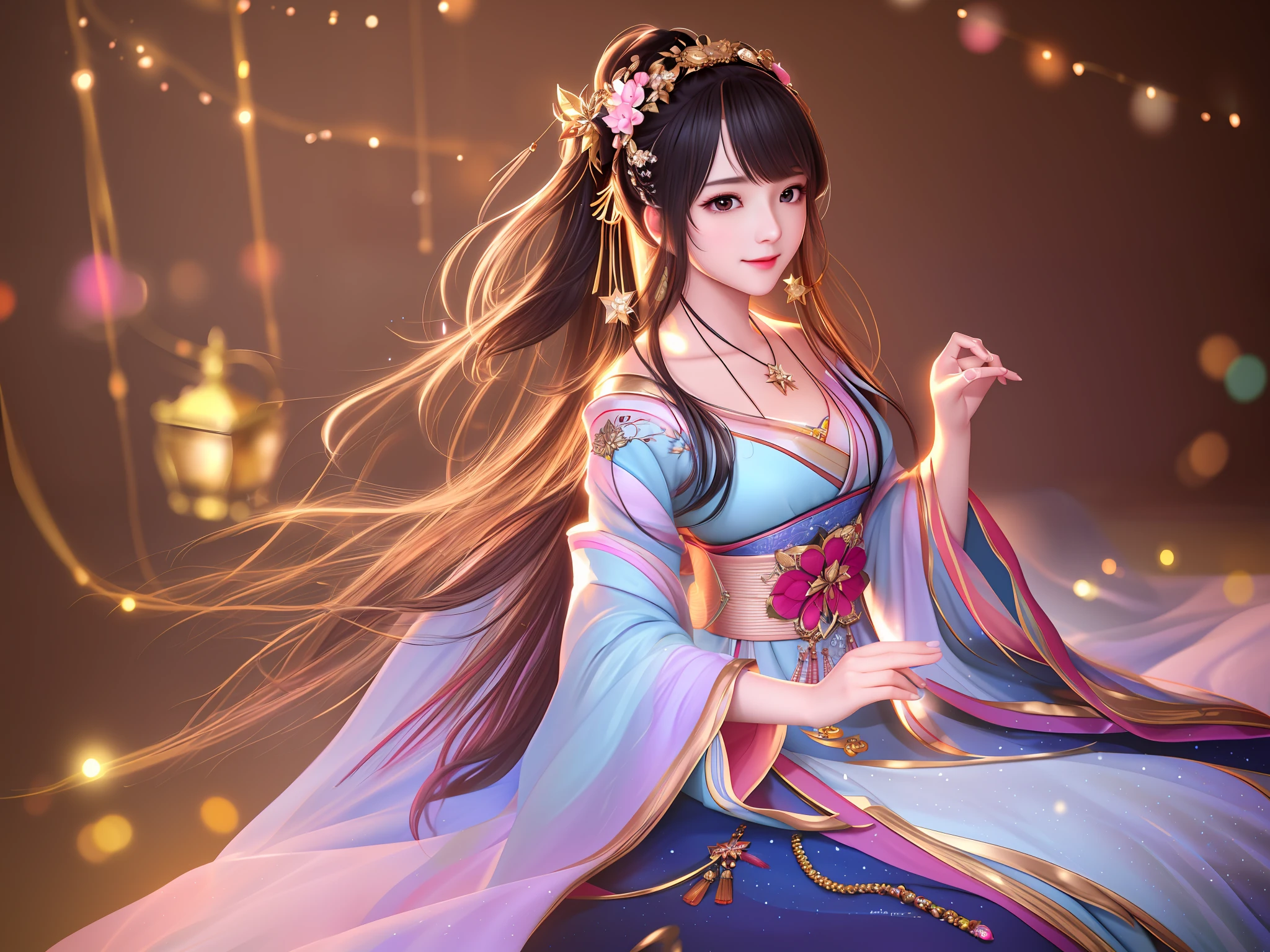 best quality, masterpiece, highres, 1girl,blush,(seductive smile:0.8),star-shaped pupils,china hanfu,hair ornament,necklace, jewelry,Beautiful face,upon_body, tyndall effect,photorealistic, dark studio, rim lighting, two tone lighting,(high detailed skin:1.2), 8k uhd, dslr, soft lighting, high quality, volumetric lighting, candid, Photograph, high resolution, 4k, 8k, Bokeh