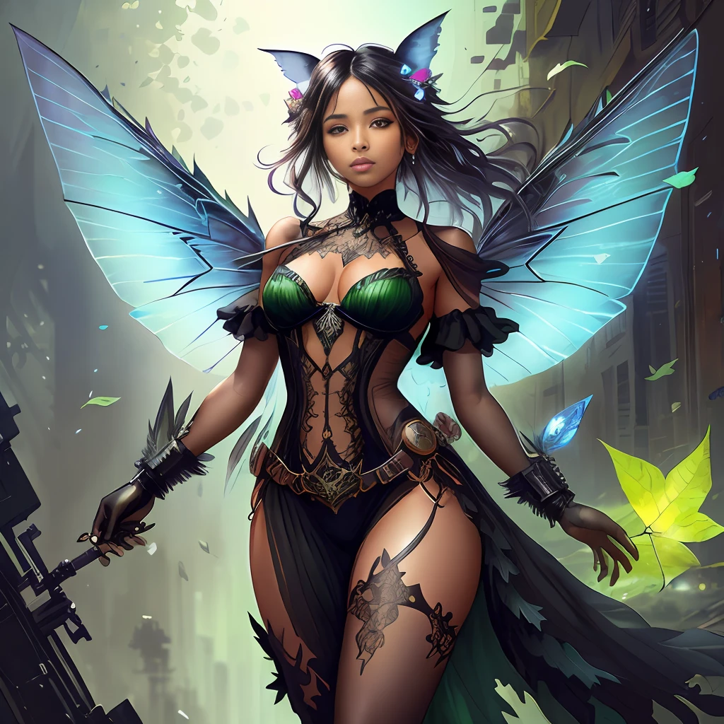 ((a black fairy with a mechanical arm wearing alternate costume of torn green leaf)), translucent, shy and seductive wings, full body, natural pose, art by Luis Royo, freedom, digital illustration, (steampunk style), perfect anatomy, symmetrical face, well-formed eyes, beautiful face, goblin ears, well-defined hips, with a belt with several pockets, centered, approaching perfection, dynamic, highly detailed, watercolor painting, art station, concept art, soft and sharp focus, illustration, art by Carne Griffiths and Wadim Kashin, unique, award-winning, masterpiece, ((transparent clothing))