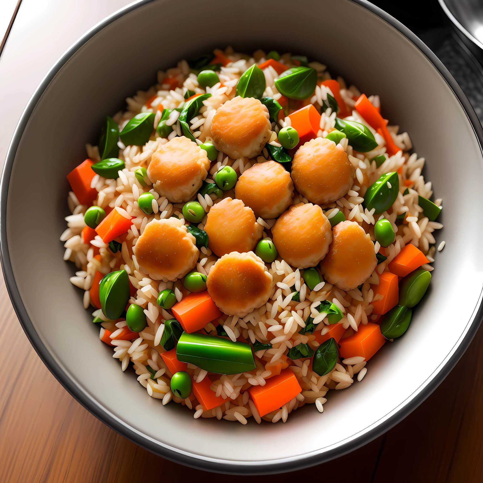 Ultra realistic style, stainless steel bowl with minced chicken meat, chopped carrot, chopped spinach, cooked brown rice, peas, intricate details, dslr, 100 mm, pets