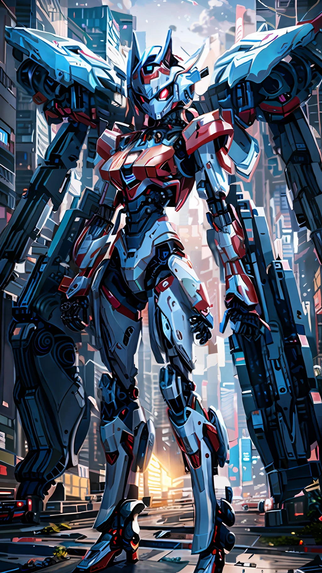 araffe with wings and a red helmet standing in a city, girl in mecha cyber armor, female mecha, an anime large mecha robot, mecha suit, full body mecha suit, cyberpunk anime girl mech, anime robotic mixed with organic, unreal engine render + a goddess, mecha wings, mechanized valkyrie girl, covered in full metal armor