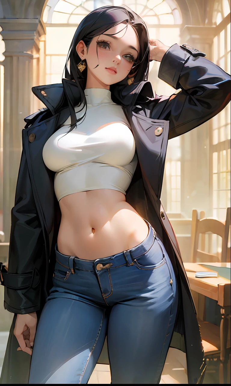 (((masterpiece))),((best quality)),detailed,1girl,realistic,jeans,navel,oversized coat,