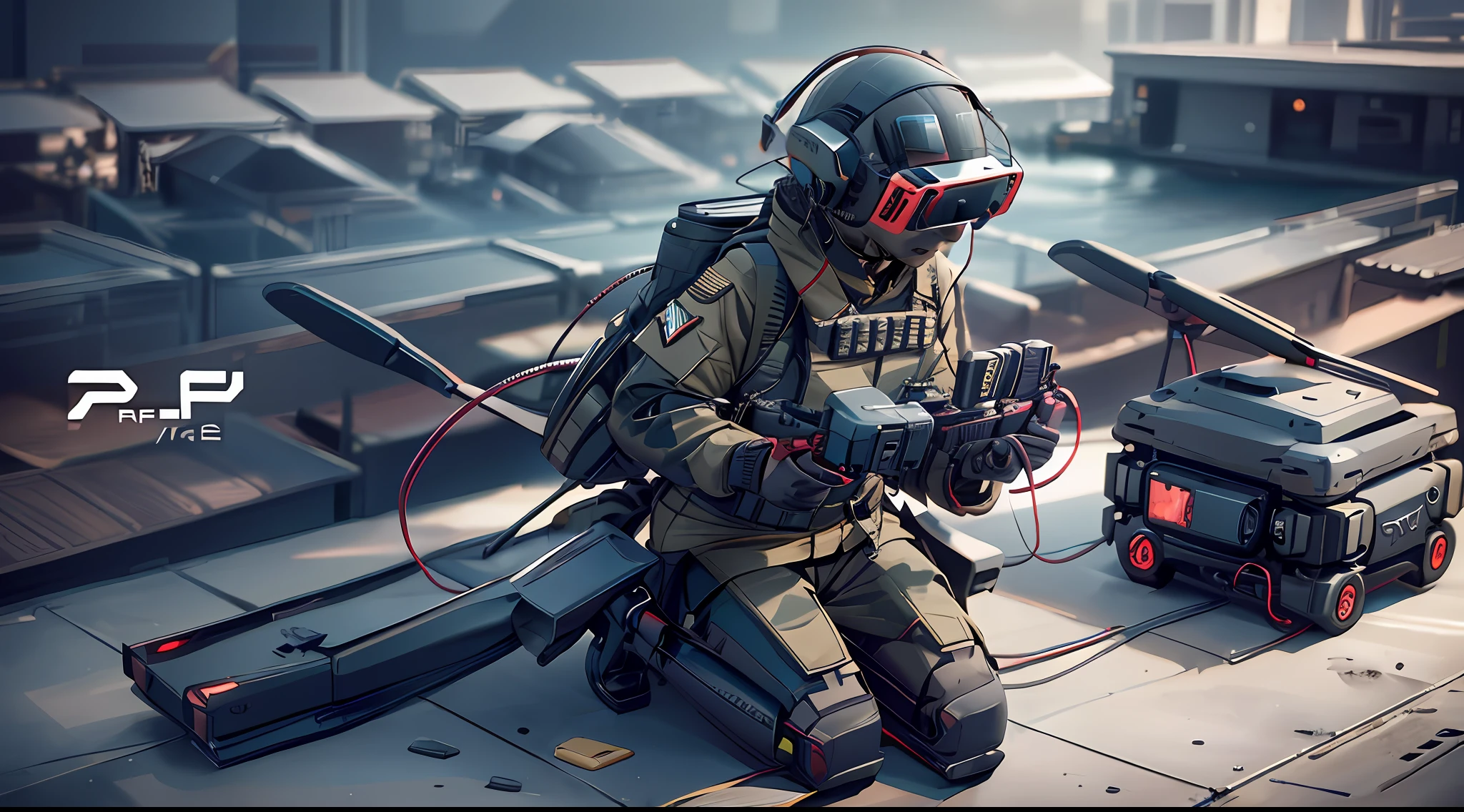 military force wearing vr headset and holding remote control device, drone perspective, flying drones armed, speaker and gun owner drones, technology, robotic drones, uav, environmental shooting, virtual reality, michael, flying drone, drone, drone king, drones in the sky, marc, drone wide shot, portrait, bottom angle, future technology, rob, technology demo, wearing vr headset
