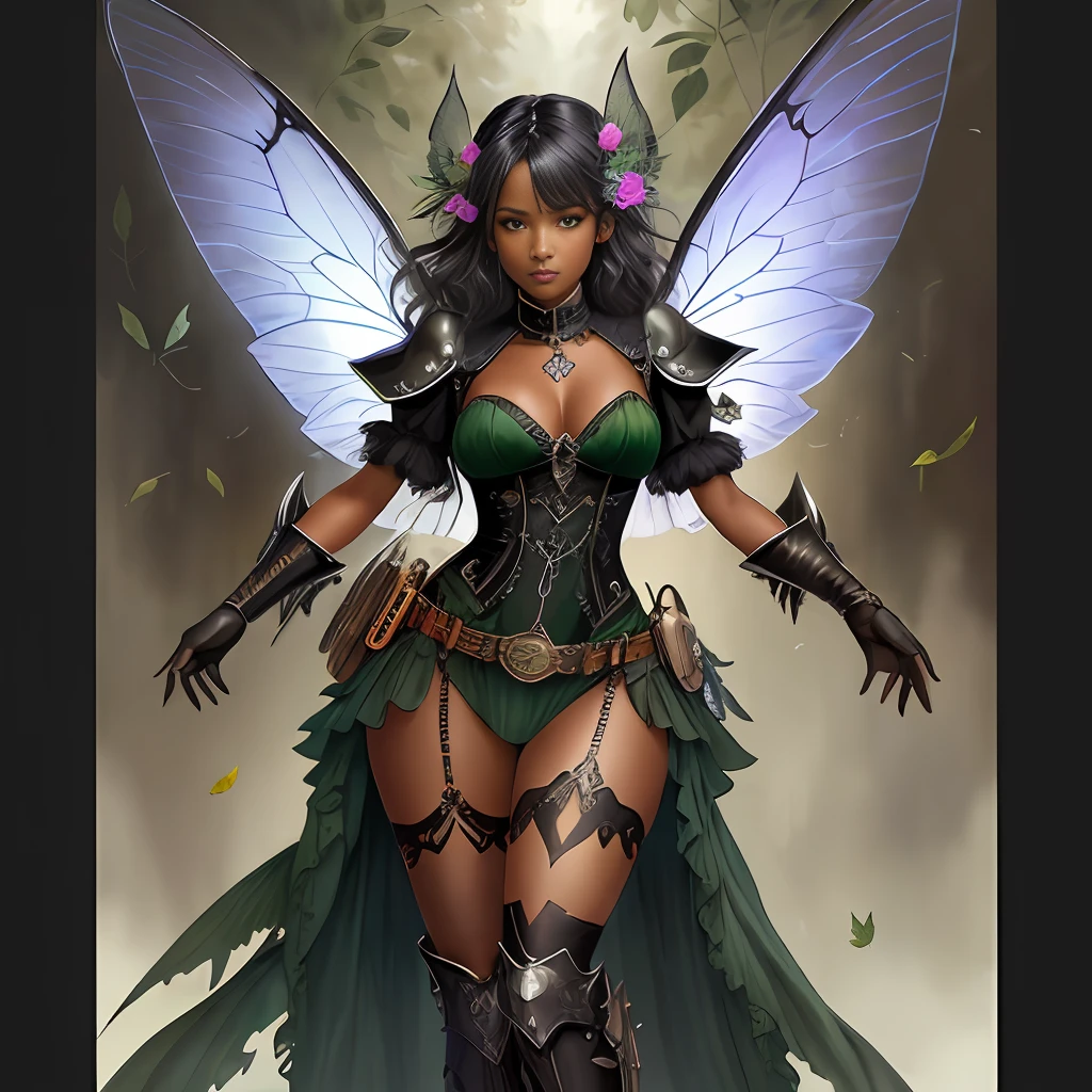 ((a black fairy with a mechanical arm wearing alternate costume of torn green leaf)), translucent, shy and seductive wings, full body, natural pose, art by Luis Royo, freedom, digital illustration, (steampunk style), perfect anatomy, symmetrical face, well-formed eyes, beautiful face, goblin ears, well-defined hips, with a belt with several pockets, centered, approaching perfection,  dynamic, highly detailed, watercolor painting, art station, concept art, soft and sharp focus, illustration, unique, award-winning, masterpiece, ((transparent clothing))