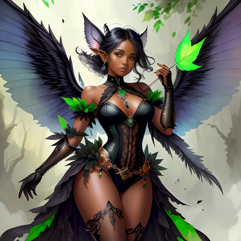 ((a black fairy with a mechanical arm wearing alternate costume of torn green leaf)), translucent, shy and seductive wings, full body, natural pose, art by Luis Royo, freedom, digital illustration, (steampunk style), perfect anatomy, symmetrical face, well-formed eyes, beautiful face, goblin ears, well-defined hips, with a belt with several pockets, centered, approaching perfection, dynamic, highly detailed, watercolor painting, art station, concept art, soft and sharp focus, illustration, unique, award-winning, masterpiece, ((transparent clothing))