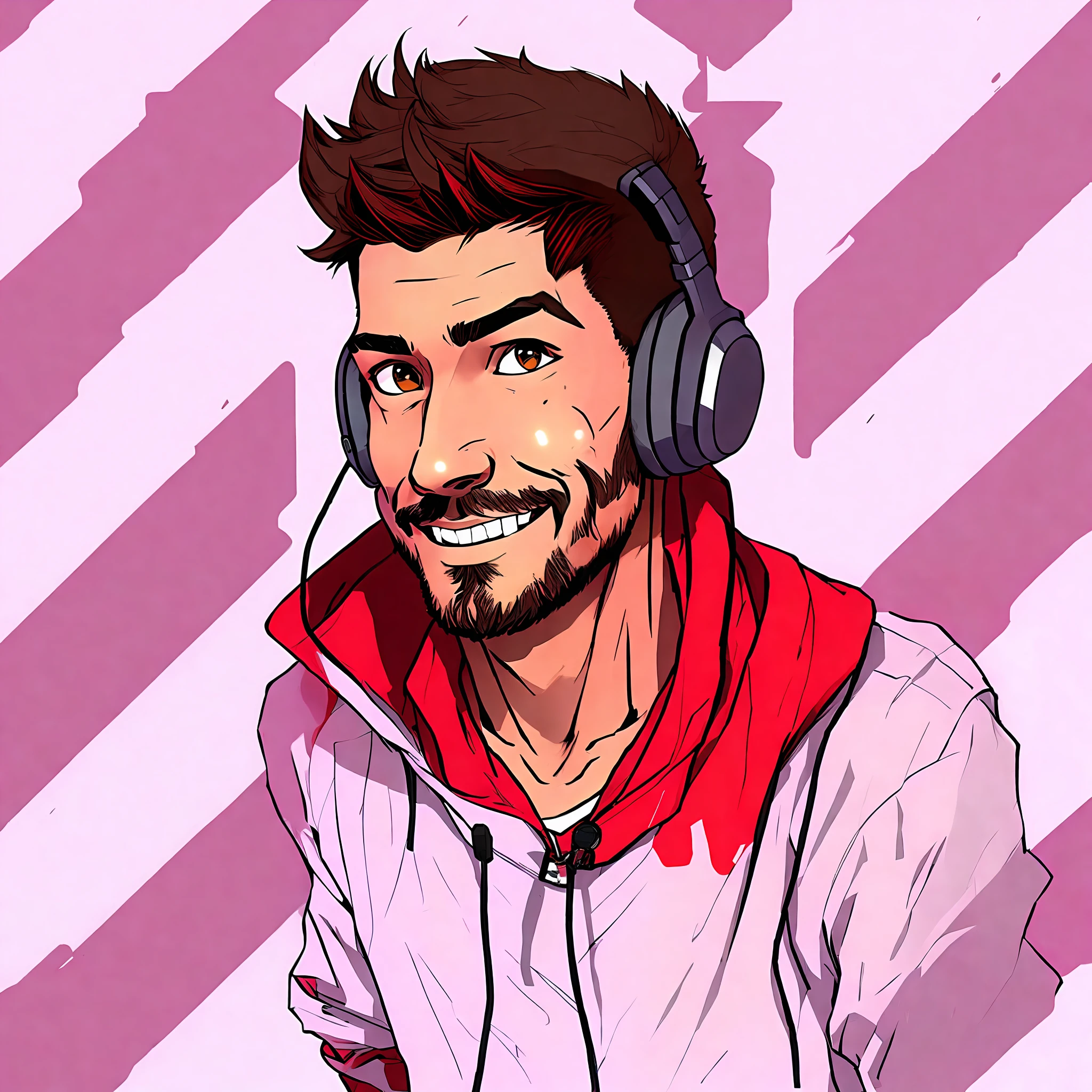 a cartoon of a man with headphones and a red jacket, lofi portrait, halfbody headshot, unknown artstyle, high quality portrait, markiplier, official fan art, 2d portrait, high quality fanart, character portrait of me, twitch streamer / gamer ludwig, solo portrait 🎨🖌️, vinny from vinesauce, h3h3, ((portrait))