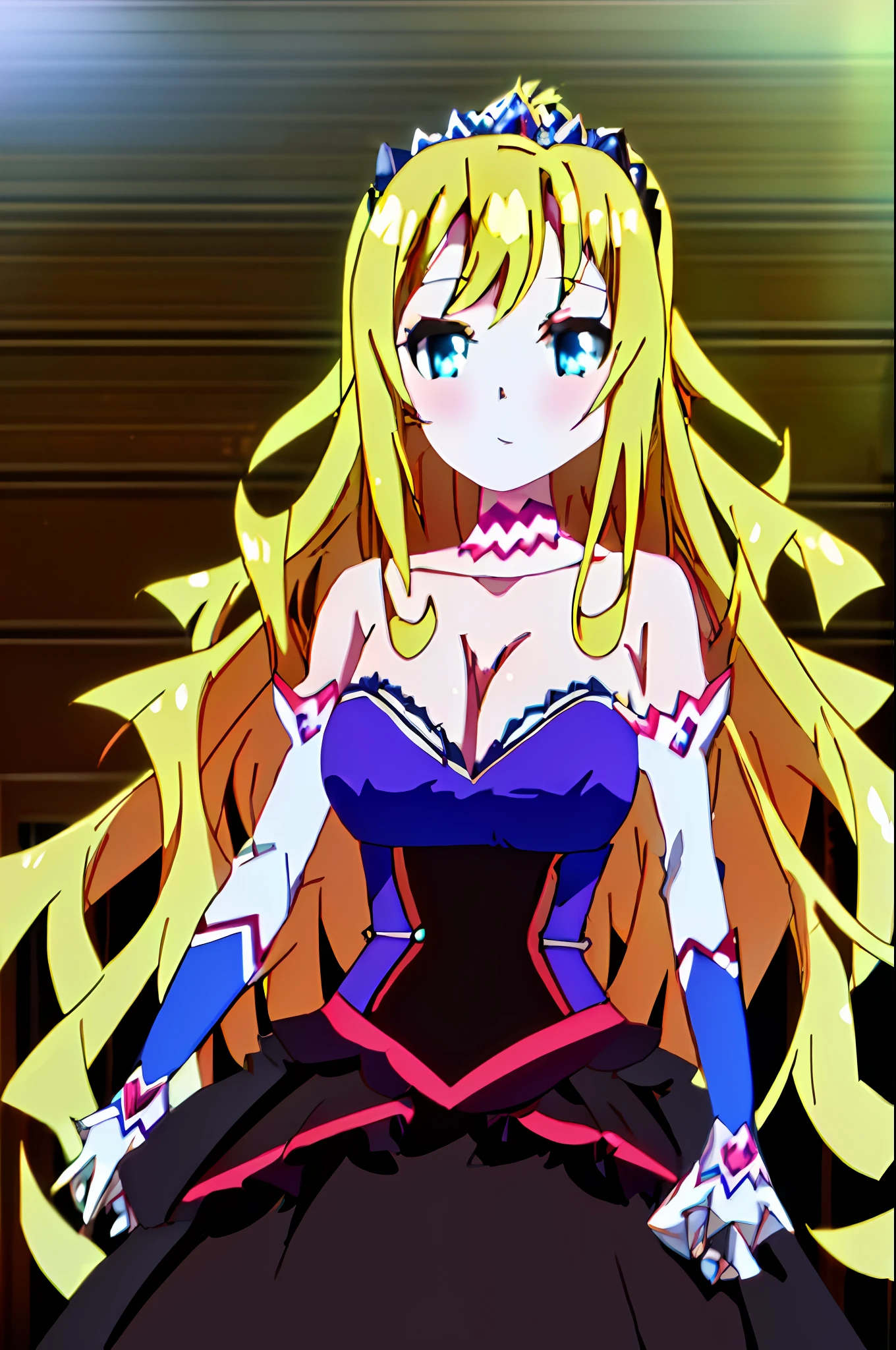 Masterpiece, best quality, ((HD quality)), anime style, Liliana, long wavy blonde hair, shoulder length hair, (blue eyes), (((large breasts))), ((black dress with red details)), ((full body)), ((ballroom stage))