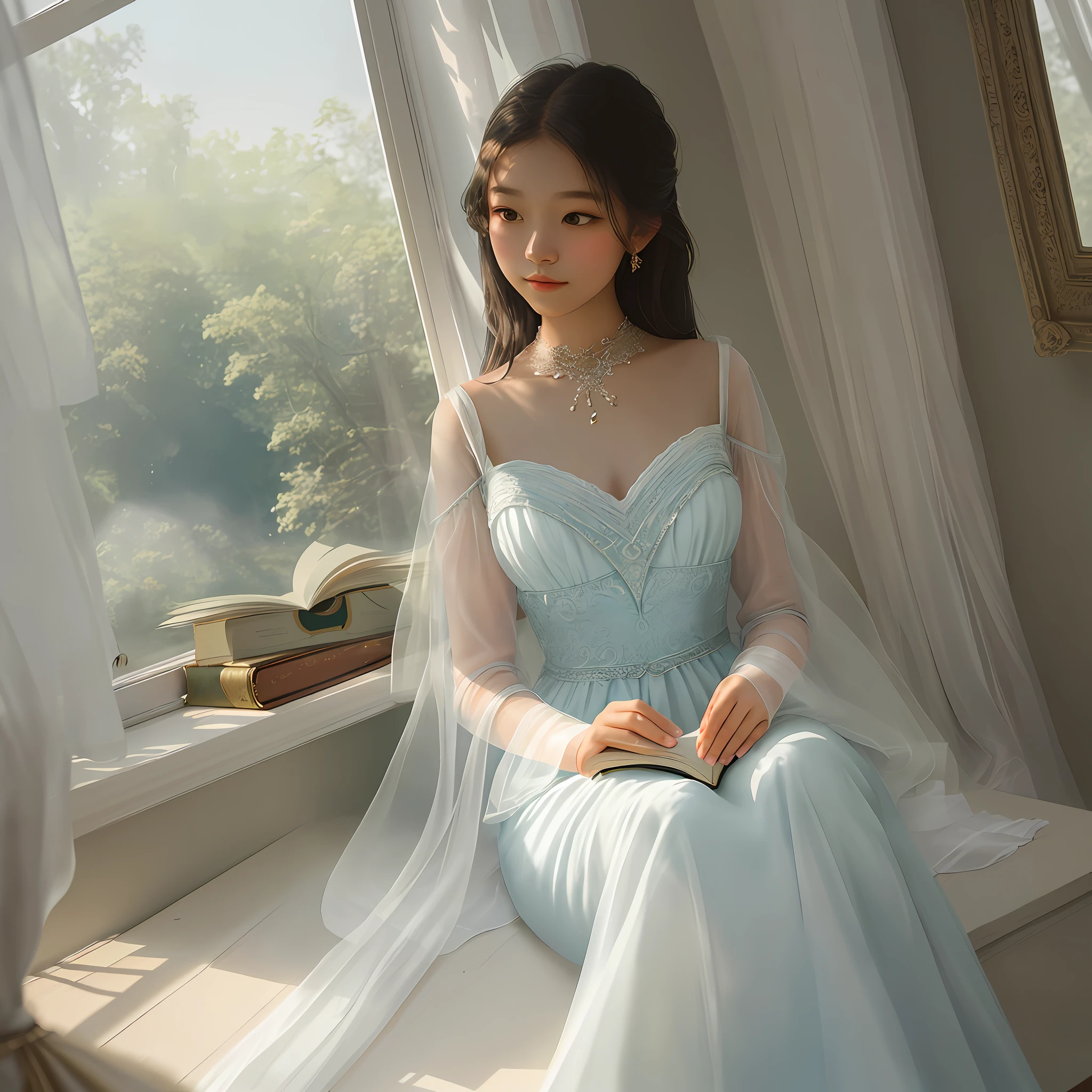 Description: In this enchanting portrait, a young girl exudes an aura of tranquility as she sits by a sunlit window, adorned in a breathtakingly beautiful dress. Bathed in the warm glow of the sun's gentle rays, she finds solace in the pages of a captivating book, transported to a world of imagination.
The composition is framed perfectly, with the girl positioned elegantly in the center of the frame. Her posture conveys a sense of poise and introspection, as if she is immersed in a captivating passage. The soft box lighting softly caresses her features, casting delicate shadows that add depth and dimension to the scene.