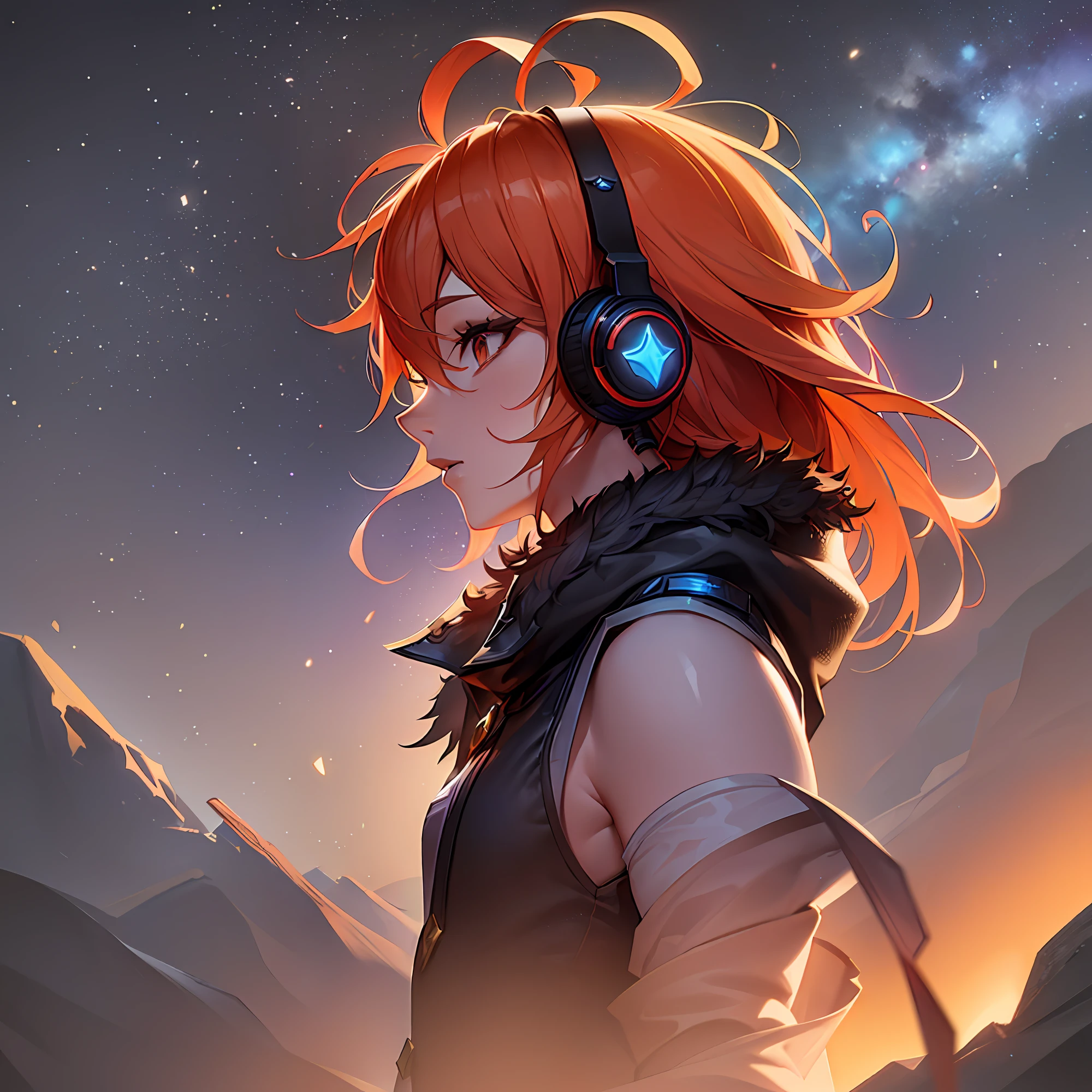 Masterpiece, (Image Dimension: 2.2), Best Quality, (LeagueofLegends, Night Sky, Night, Cinematic Lighting, Extremely Detailed: 1.3), Runeterra Environment, Orange Hair, Detailed Background, Digital Art, Illustration, 4K, Using Headphones