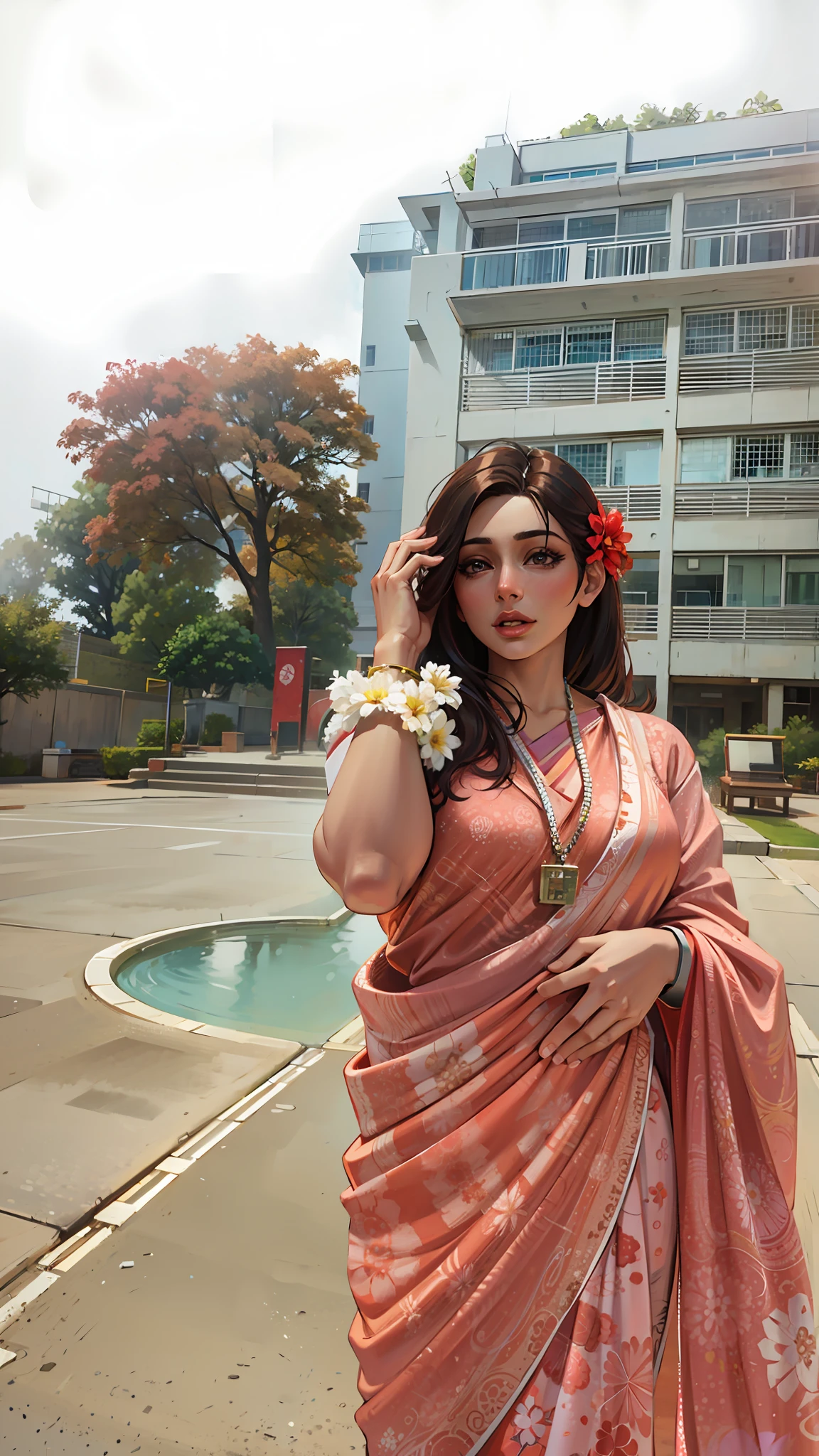 (masterpiece),(best quality:1.0), (ultra highres:1.0), detailed illustration, 8k, anime, 1girl, beautiful anime girl, in a sari, wearing a pink sari, pretty pose, pretty face, detailed face, beautiful eyes, detailed eyes, red lips, red lipstick, slightly brown hair, pink flower on ear, highlights in hair, standing, red flowers on a tree in the back, open sky with clouds, detailed, intricate, anime style, highly detailed