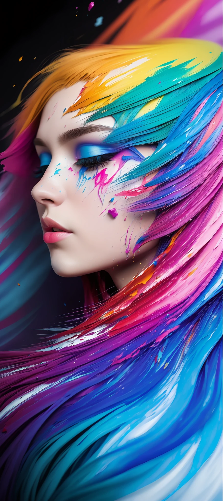 (level difference:1.8),(Paint colliding and splashing on the canvas),(depth of field),1girl's side face blends into it,(side face),open mouth,(liquid paint rainbow hair:1.1) made of paint and defies gravity,thick flowing,(paint splatter:1.3),Liquid state,stunningly beautiful, masterpiece, detailed background,ultra high quality model, ethereal background,abstract beauty, explosive volumetric, oil painting,heavy strokes,Romantic lighting,Sub-Surface Scatterring,lens 135mm,f1.8,glow,8k,high resolution, dreamy,ray tracing,hdr,god rays,