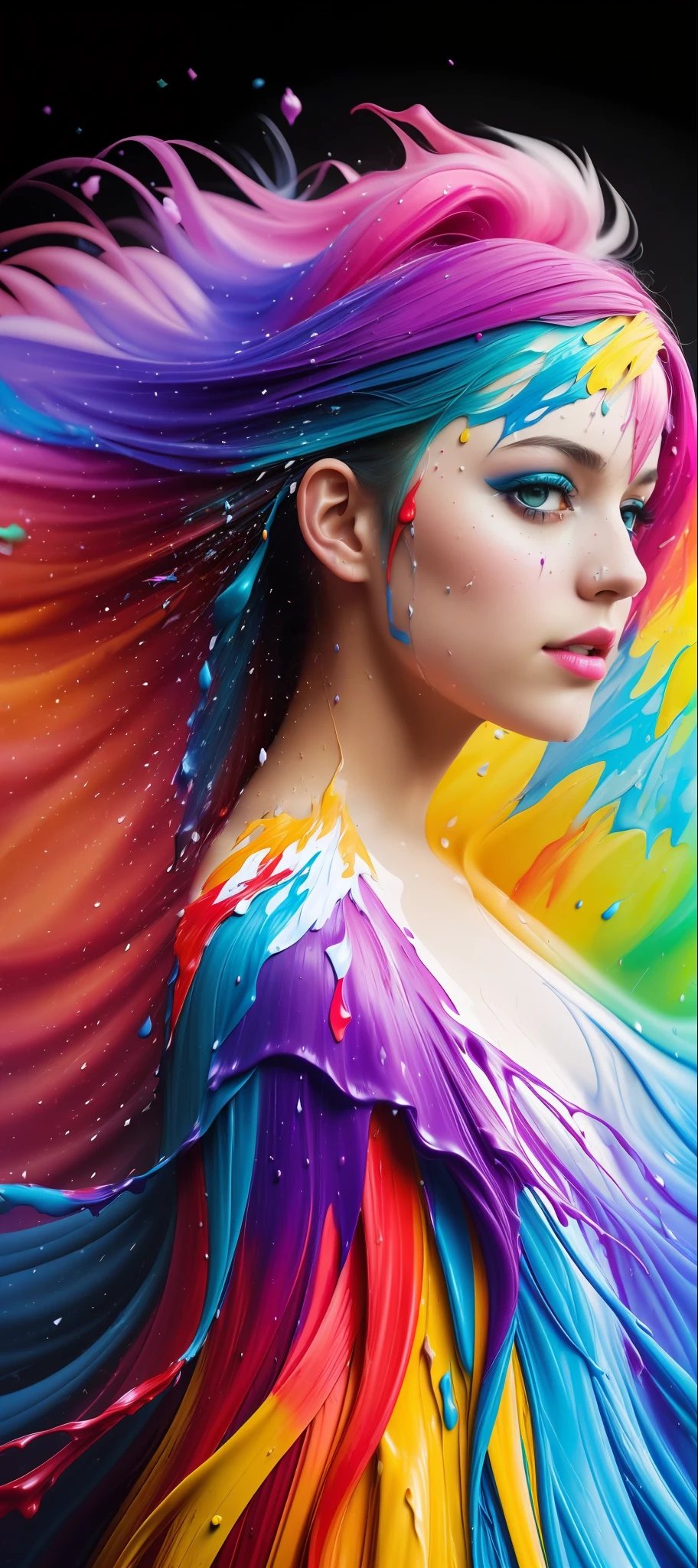 (level difference:1.8),(Paint colliding and splashing on the canvas),(depth of field),1girl's side face blends into it,(side face),open mouth,(liquid paint rainbow hair:1.1) made of paint and defies gravity,thick flowing,(paint splatter:1.3),Liquid state,stunningly beautiful, masterpiece, detailed background,ultra high quality model, ethereal background,abstract beauty, explosive volumetric, oil painting,heavy strokes,Romantic lighting,Sub-Surface Scatterring,lens 135mm,f1.8,glow,8k,high resolution, dreamy,ray tracing,hdr,god rays,