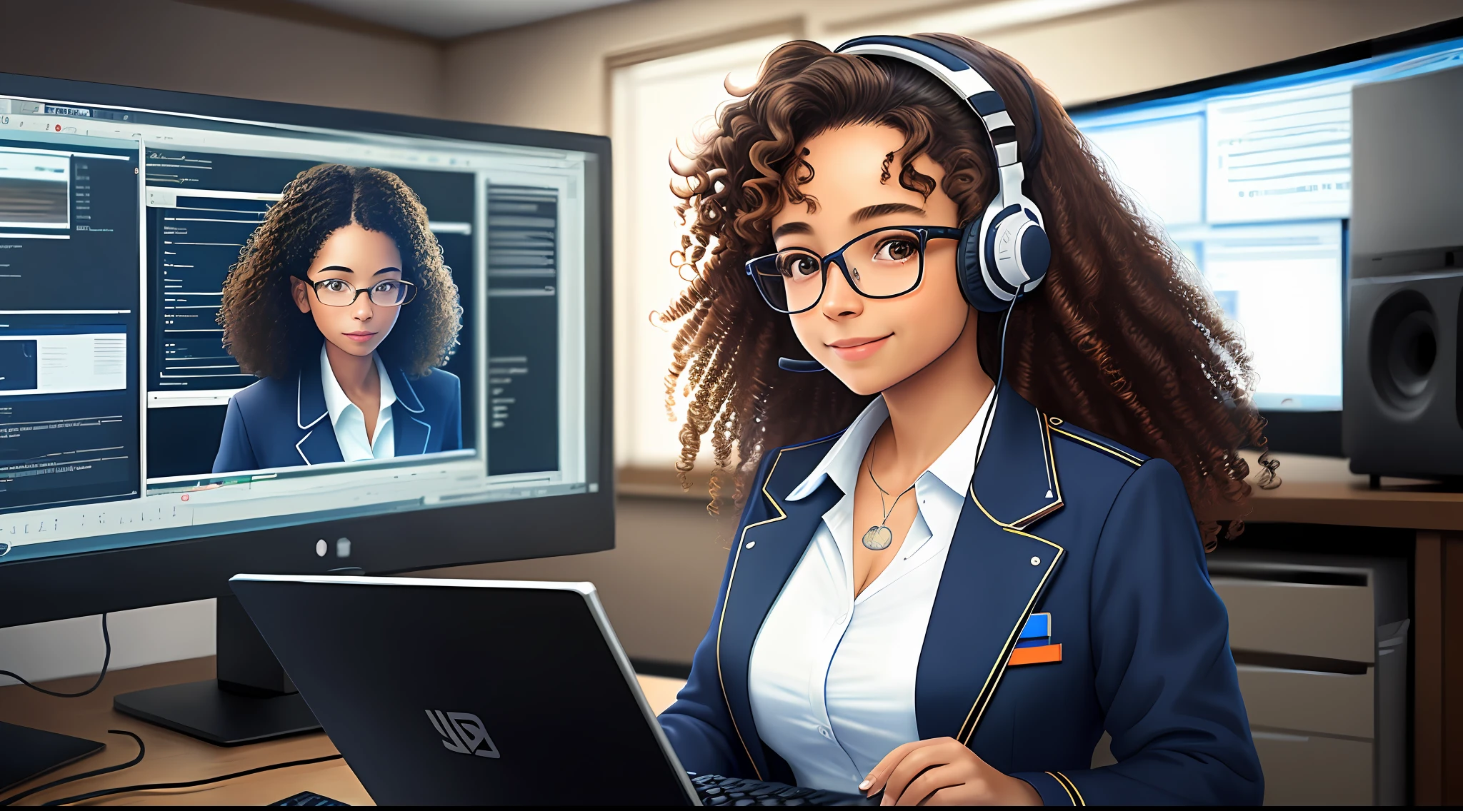 Background, Realism, high quality, woman wearing glasses, brown and curly hair, fiddling with the computer, two monitors, headset, neon, technology, delicate smile, looking forward, navy blue jacket, white dress shirt, alone in the room. Detailed hands