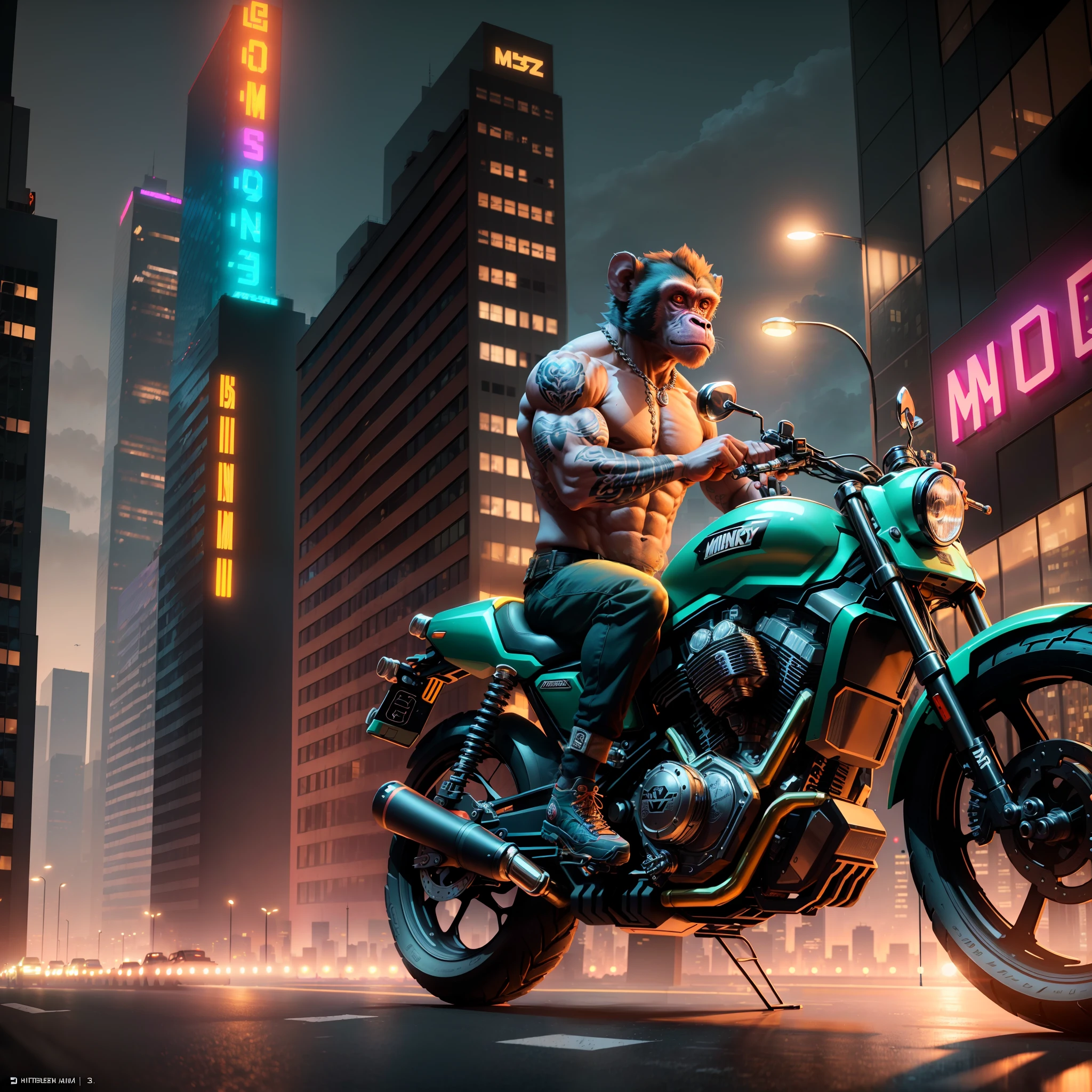 ((best quality)),((ultratailed)), ((masterpiece)), illustration, Scene structure: Animal monkey personified as a gangster, with monkey face and human body. He has a muscle build and tattoos on his body. He rides his motorcycle in the city, with tall buildings behind him and flashing neon lights. Immediate composition: Monkey-gangster, animal personification, riding motorcycle, tattooed body, muscle building, cityscape, tall buildings, neon Substance 3D lights, Octane rendering, (hdr: 1.3)