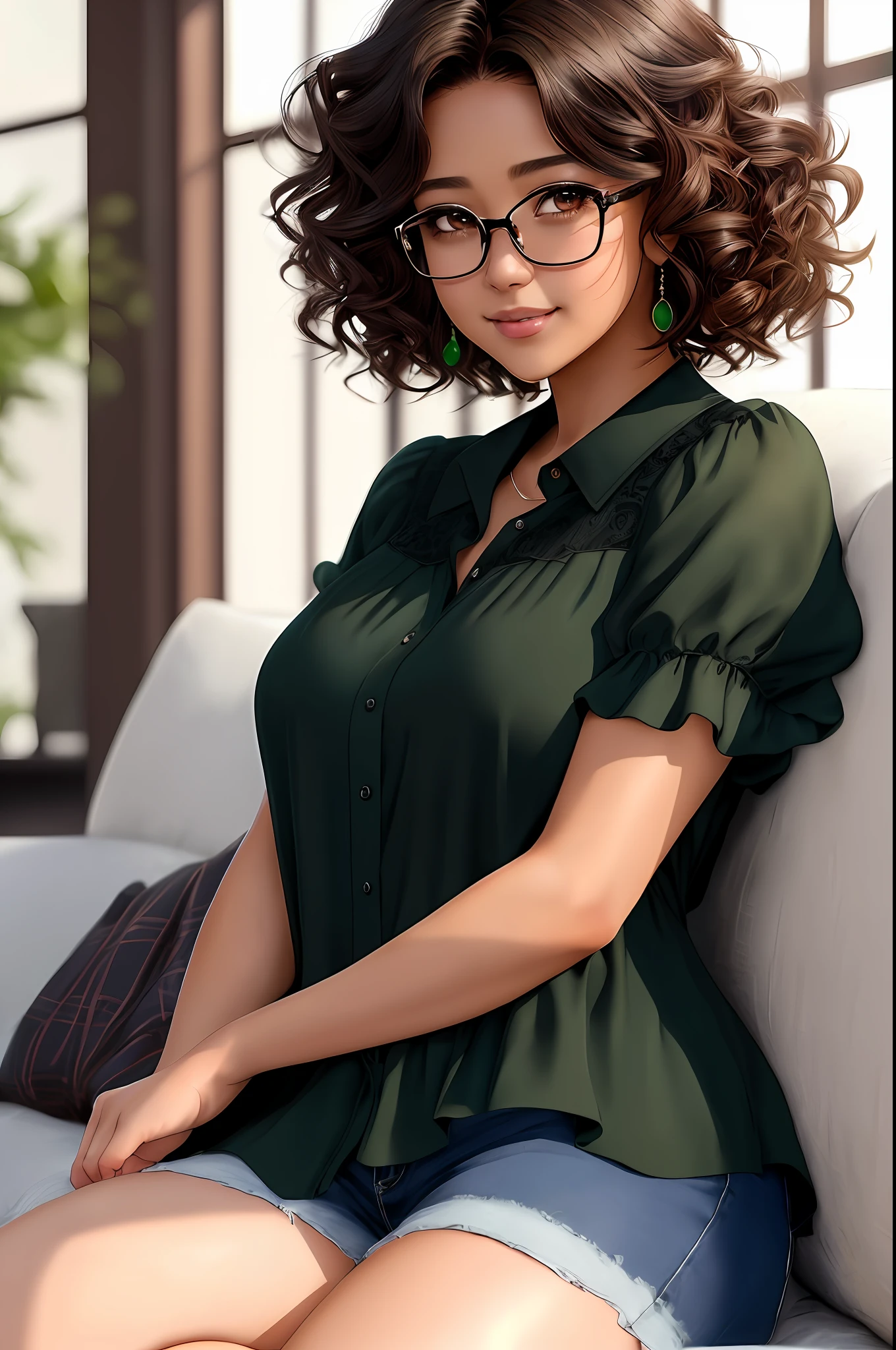 Couple embraced sitting on the sofa, both laugh, (Gina Rodriguez, bright brown eyes, most beautiful smile in the world, passionate look, woman in a blue BLOUSE, dark curly hair, render photorealistic anime girl, beautiful model girl, wearing glasses, realistic blue 3 d render, deviantart artstation cgscosiety, beautiful girl model, photorealistic fat body, beautiful anime woman, photorealistic art style, very realistic digital art, photorealistic digital painting, gorgeous digital painting, extreamemente beautiful girl, delicate girl, fat girl, she is teenager, she is 20 years old, she is young, brown eye, brown eyes),(man bright green eyes, most beautiful smile in the world, passionate look, light brown hair, man in a black BLOUSE, render photorealistic anime boy, cute model boy, green realistic 3 d render, deviantart artstation cgscosiety, cute boy model, photorealistic body, beautiful anime man, photorealistic art style, very realistic digital art, photorealistic digital painting, gorgeous digital painting, extreamemente beautiful boy, strong boy, he's teenager, he's 20 years old, he's young, ultra-realistic)