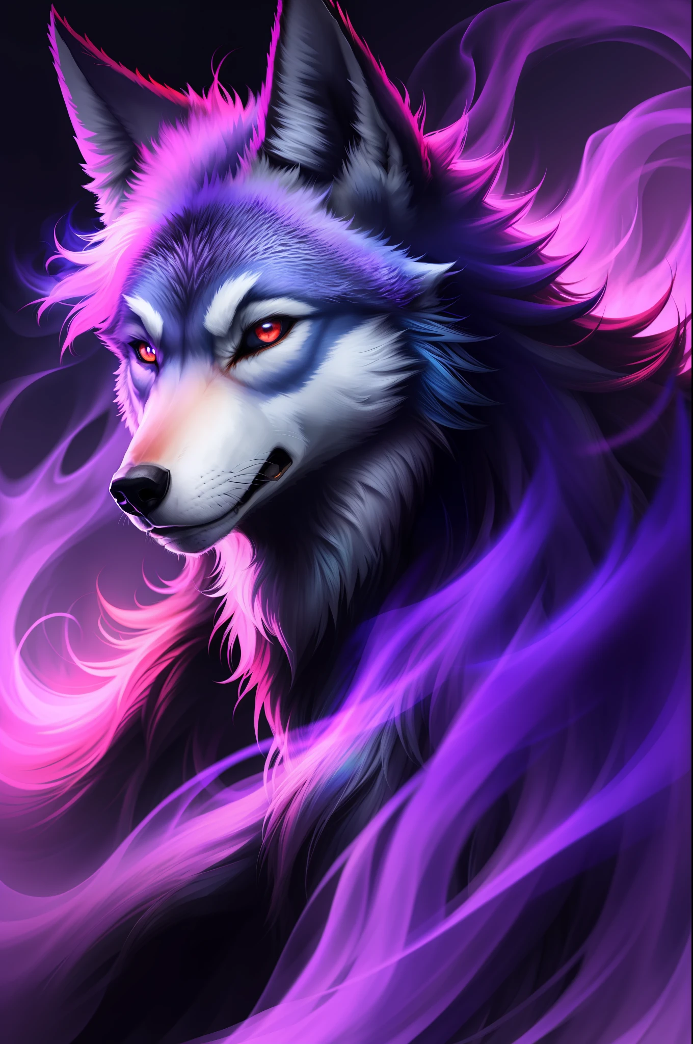 wolf from crimson smoke  blue|purple background