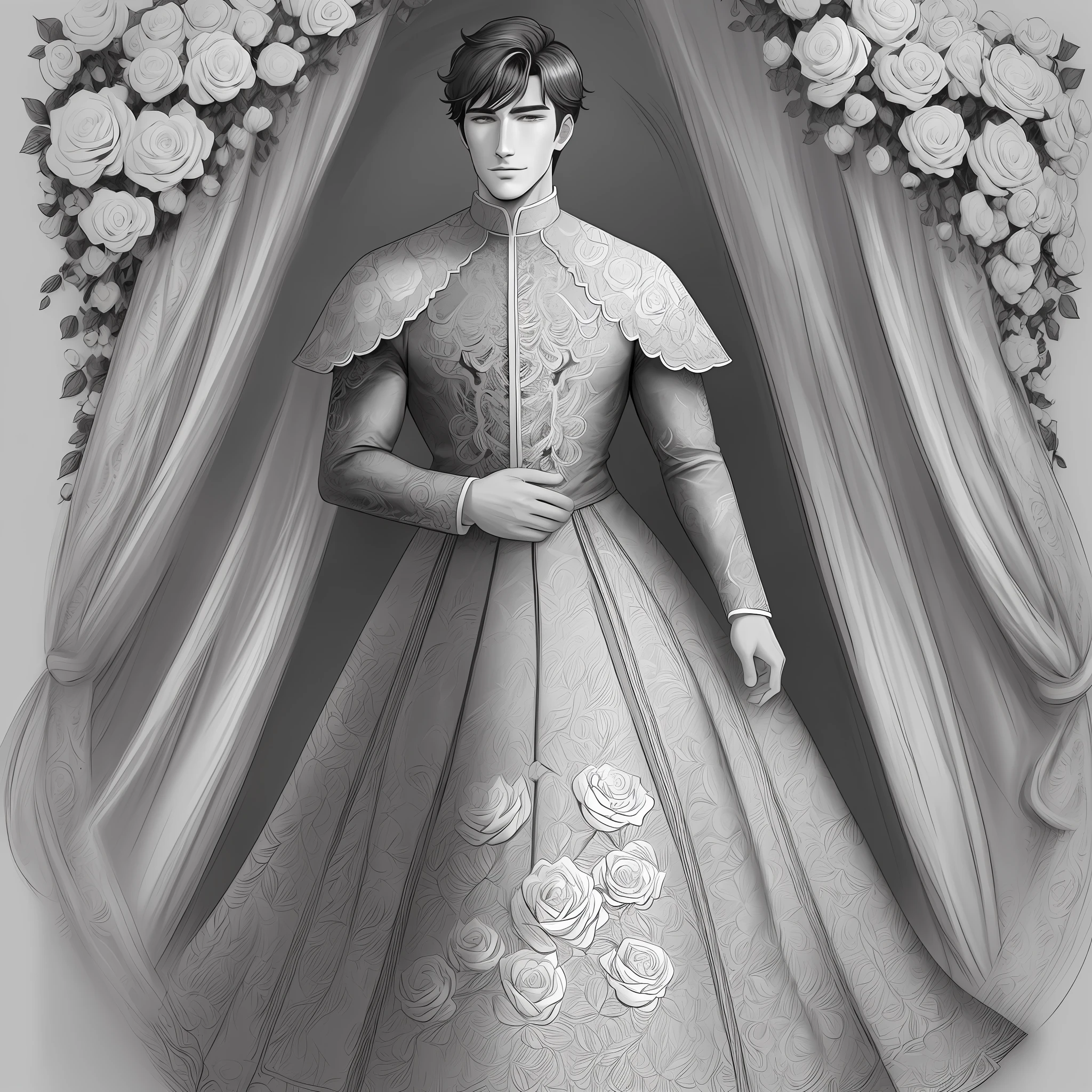 a coloring page with a handsome man surrounded by roses, clean coloring book page, coloring book sketch, coloring book page, highly detailed line work, detailed line art, highly detailed illustration, detailed digital drawing, black and white coloring, highly detailed sketch, detailed black and white sketch, stylized line, coloring book style, beautiful detailed illustration