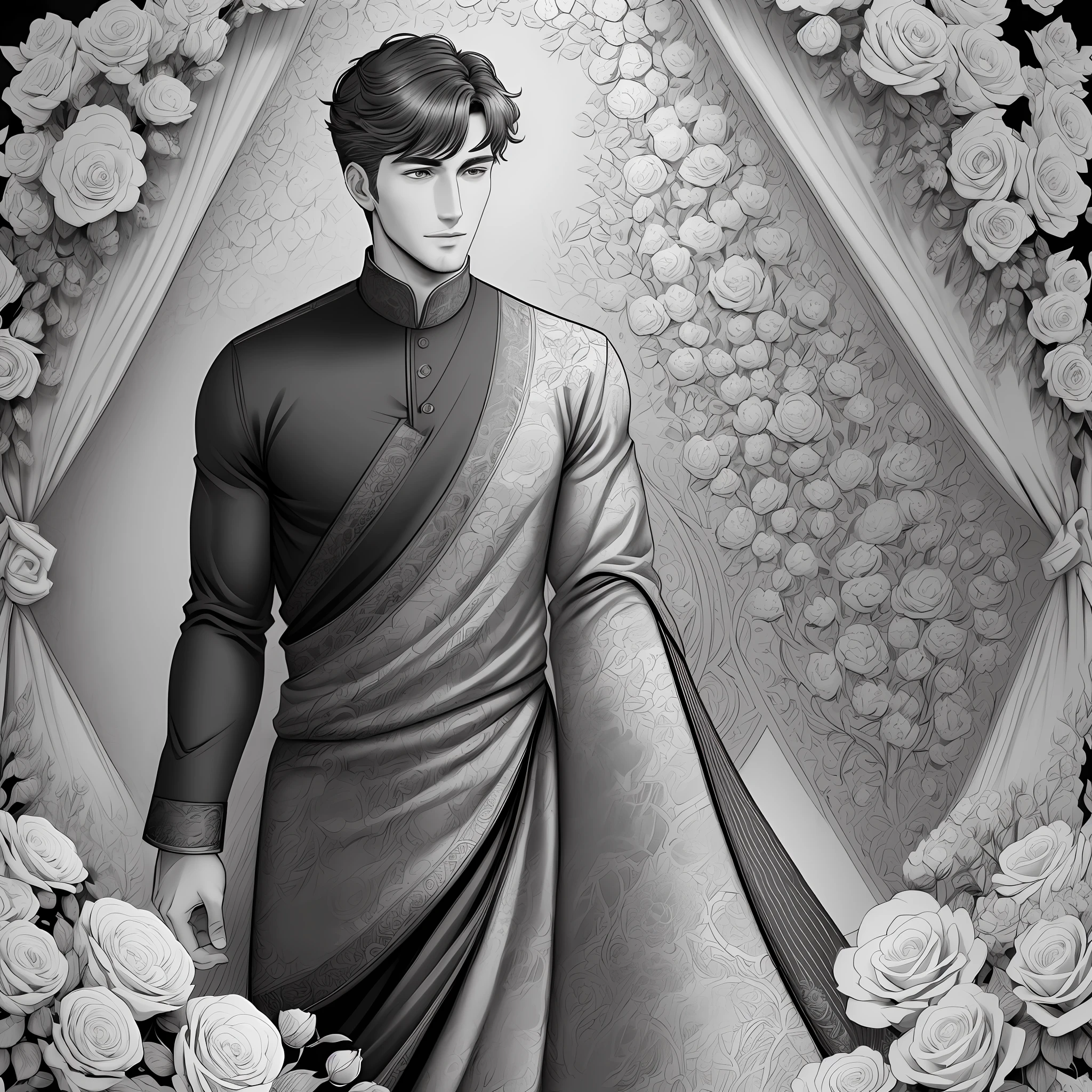 a coloring page with a handsome man surrounded by roses, clean coloring book page, coloring book sketch, coloring book page, highly detailed line work, detailed line art, highly detailed illustration, detailed digital drawing, black and white coloring, highly detailed sketch, detailed black and white sketch, stylized line, coloring book style, beautiful detailed illustration