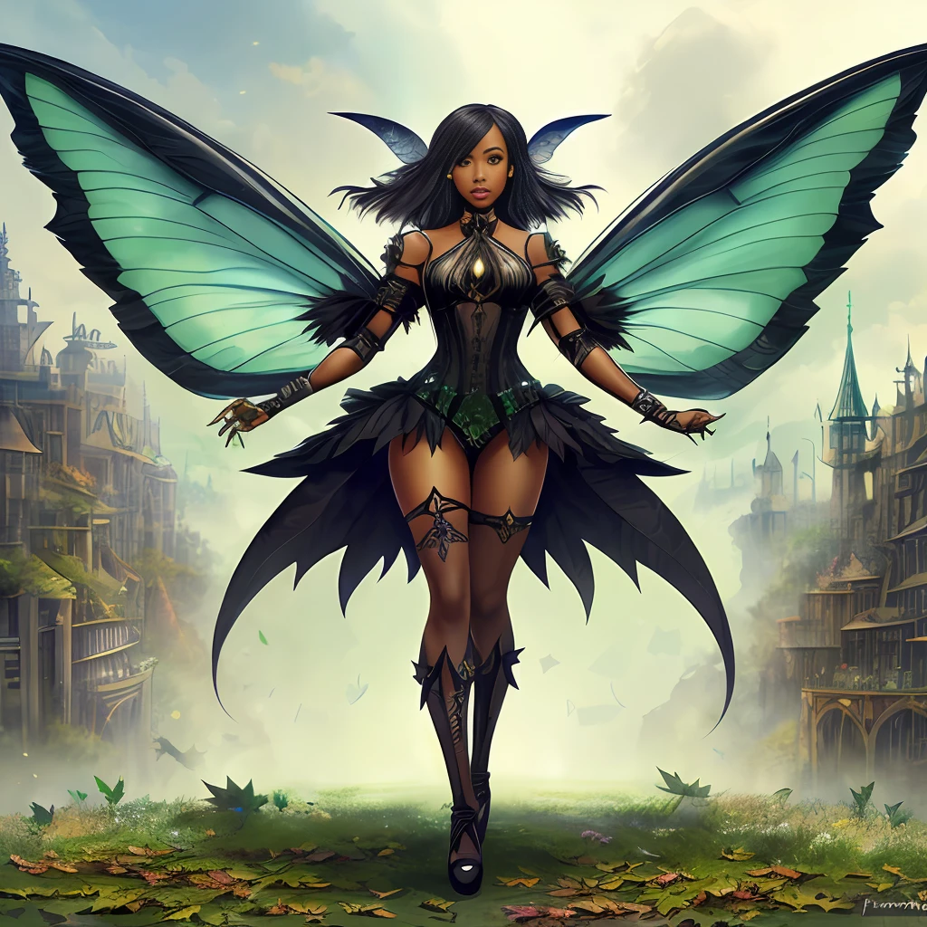 ((a black fairy with a mechanical arm wearing alternate costume of torn green leaf)), translucent, shy and seductive wings, full body, natural pose, art by Luis Royo, freedom, digital illustration, (steampunk style), perfect anatomy, symmetrical face, well-formed eyes, beautiful face, goblin ears, well-defined hips, with a belt with several pockets, centered, approaching perfection,  dynamic, highly detailed, watercolor painting, art station, concept art, soft and sharp focus, illustration, unique, award-winning, masterpiece, ((transparent clothing))