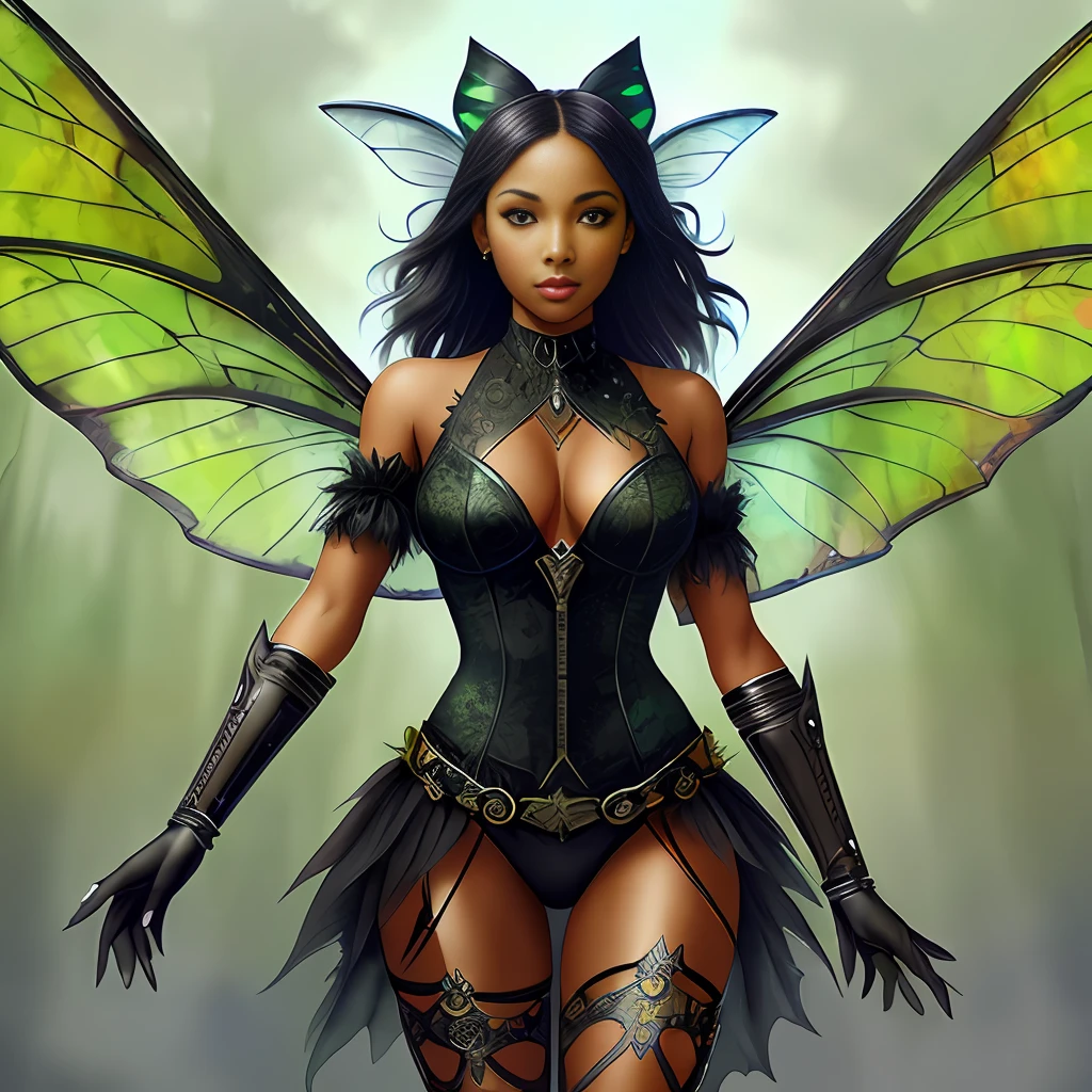 ((a black fairy with a mechanical arm wearing alternate costume of torn green leaf)), translucent, shy and seductive wings, full body, natural pose, art by Luis Royo, freedom, digital illustration, (steampunk style), perfect anatomy, symmetrical face, well-formed eyes, beautiful face, goblin ears, well-defined hips, with a belt with several pockets, centered, approaching perfection, dynamic, highly detailed, watercolor painting, art station, concept art, soft and sharp focus, illustration, unique, award-winning, masterpiece, ((transparent clothing))