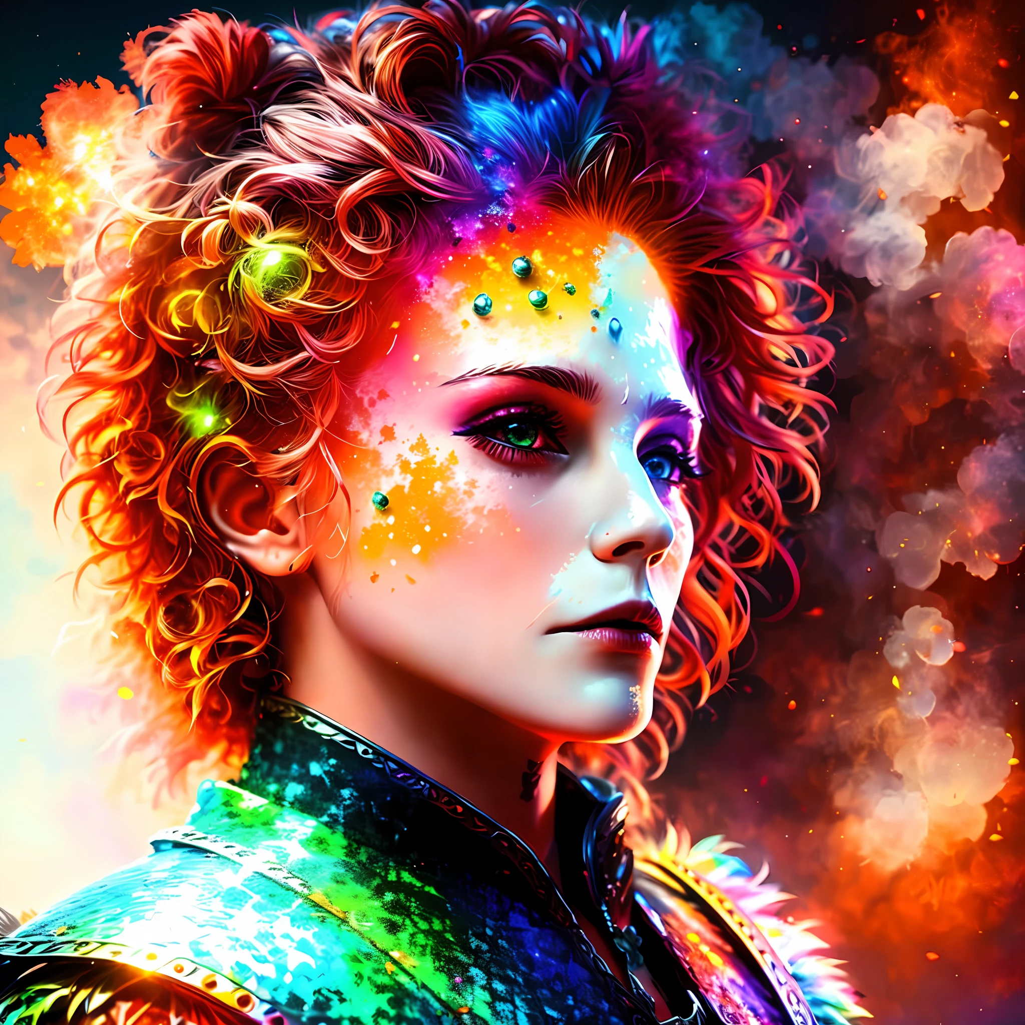 Redraw background in bright vibrant high definition ancestral.  Redraw eyes as a bright green.  Redraw hair as bright red and orange.  Redraw clothing to resemble medieval armor