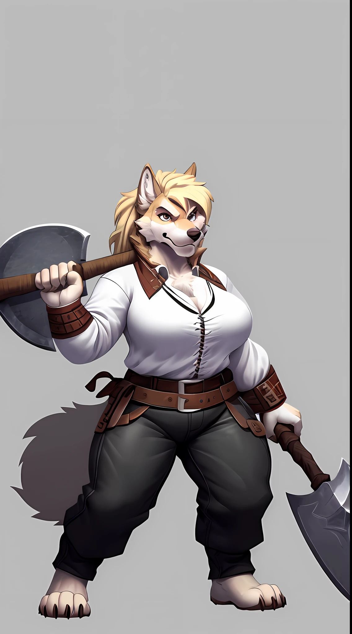 (Wolf), (blonde fur), anthro, (((wearing blouse))), two toned fur, (wearing cotton pants), high detail, , white belly, high resolution, raw photo, gray background, cleavage, 1girl, solo, big breasts, high quality, hi res, sharp, detailed body, detailed, cartoony, ((holding axe)), ((looking at viewer)), (angry), mad, thick, thick thighs, thick, buff, full body, whole body, ((full body portrait)), far away, (((full body concept))), attack pose, axe pose, battle pose, Medieval, rpg