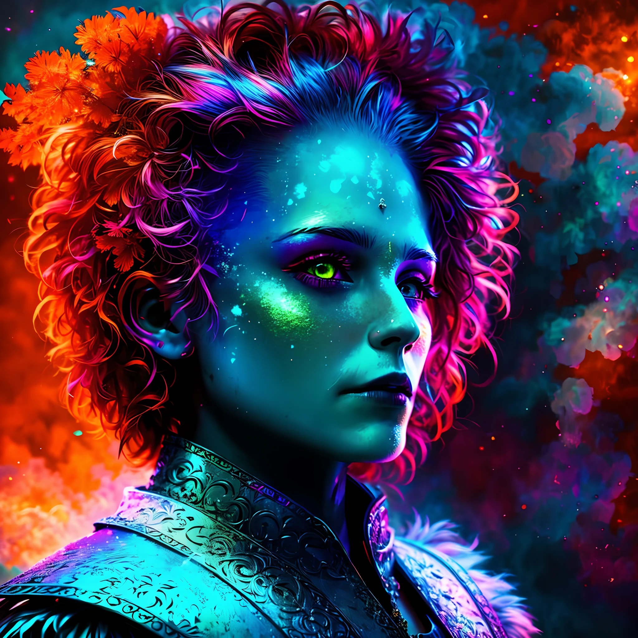 Redraw background in bright vibrant high definition ancestral. Redraw eyes as a bright green. Redraw hair as bright red and orange. Redraw clothing to resemble medieval armor
