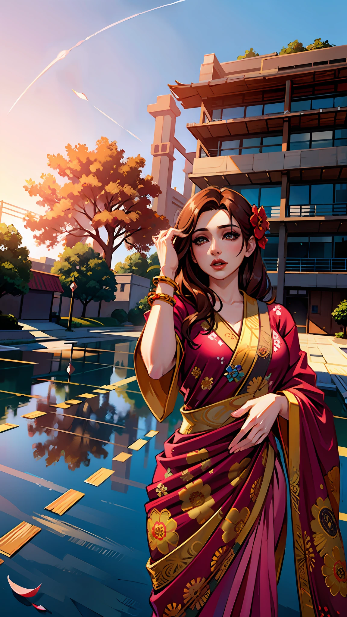 (masterpiece),(best quality:1.0), (ultra highres:1.0), detailed illustration, 8k, anime, 1girl, beautiful anime girl, in a sari, wearing a pink sari, pretty pose, pretty face, detailed face, beautiful eyes, detailed eyes, red lips, red lipstick, slightly brown hair, pink flower on ear, highlights in hair, standing, red flowers on a tree in the back, open sky with clouds, detailed, intricate, anime style, highly detailed