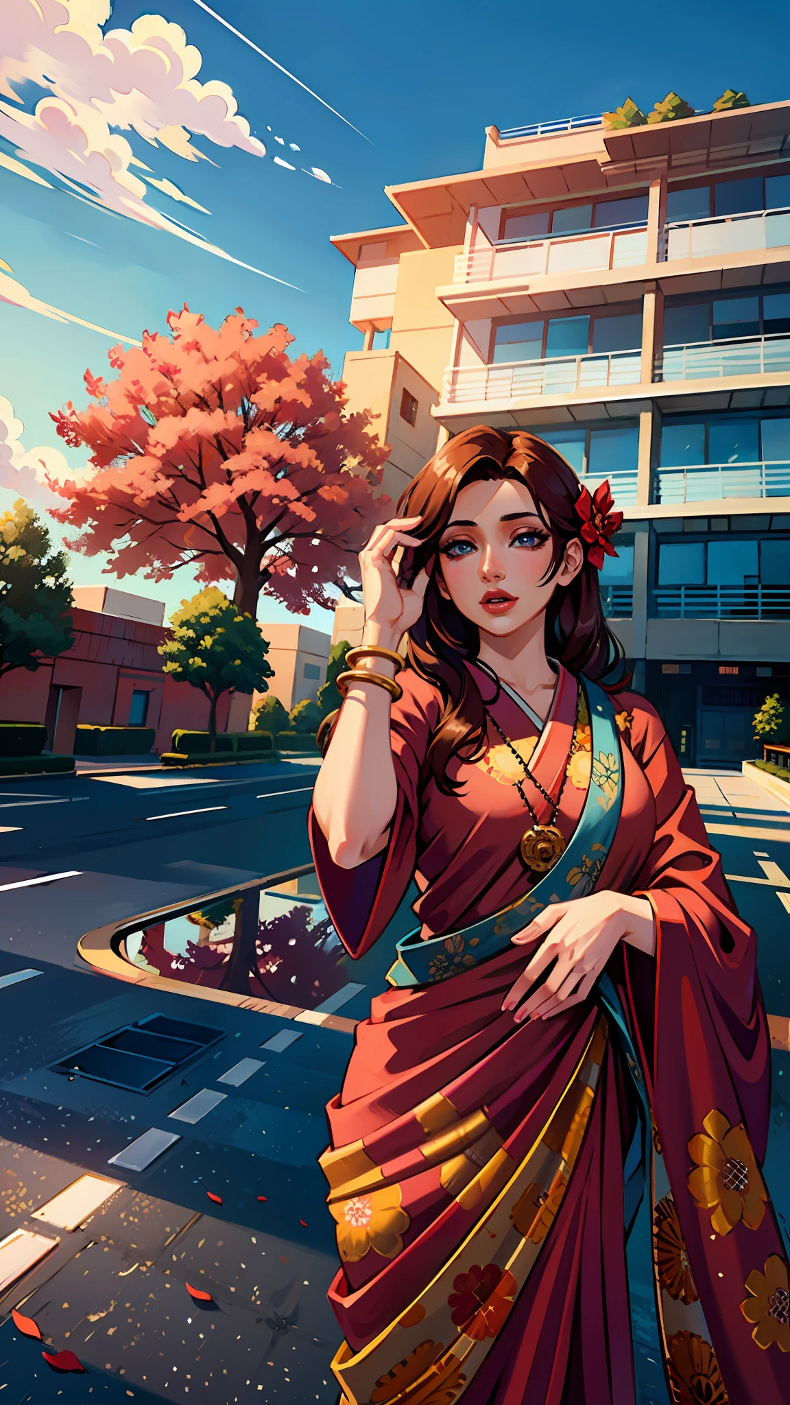 (masterpiece),(best quality:1.0), (ultra highres:1.0), detailed illustration, 8k, anime, 1girl, beautiful anime girl, in a sari, wearing a pink sari, pretty pose, pretty face, detailed face, beautiful eyes, detailed eyes, red lips, red lipstick, slightly brown hair, pink flower on ear, highlights in hair, standing, red flowers on a tree in the back, open sky with clouds, detailed, intricate, anime style, highly detailed