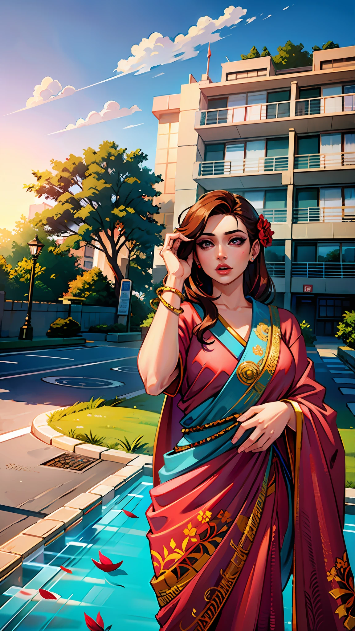 (masterpiece),(best quality:1.0), (ultra highres:1.0), detailed illustration, 8k, anime, 1girl, beautiful anime girl, in a sari, wearing a pink sari, pretty pose, pretty face, detailed face, beautiful eyes, detailed eyes, red lips, red lipstick, slightly brown hair, pink flower on ear, highlights in hair, standing, red flowers on a tree in the back, open sky with clouds, detailed, intricate, anime style, highly detailed