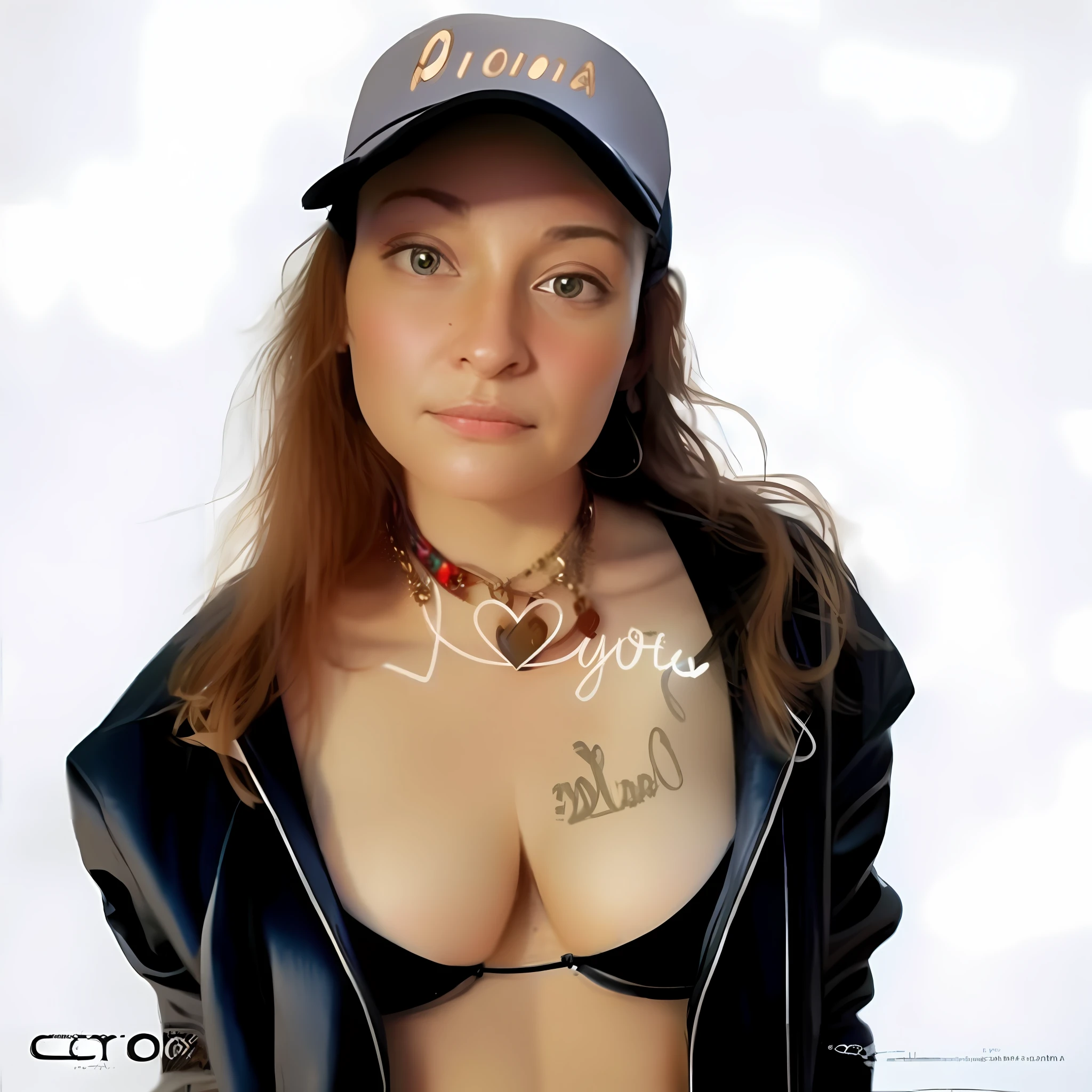 arafed woman with a cap and a leather jacket posing for a picture, portrait of ultra realistic, photoscanned, wearing a chocker and cute hat, artist wearing dirty, demna gvasalia, inspired by Lucas Cranach the Elder, with hat, 90's color photo, inspired by Jacopo Pontormo, black bra, huge chest