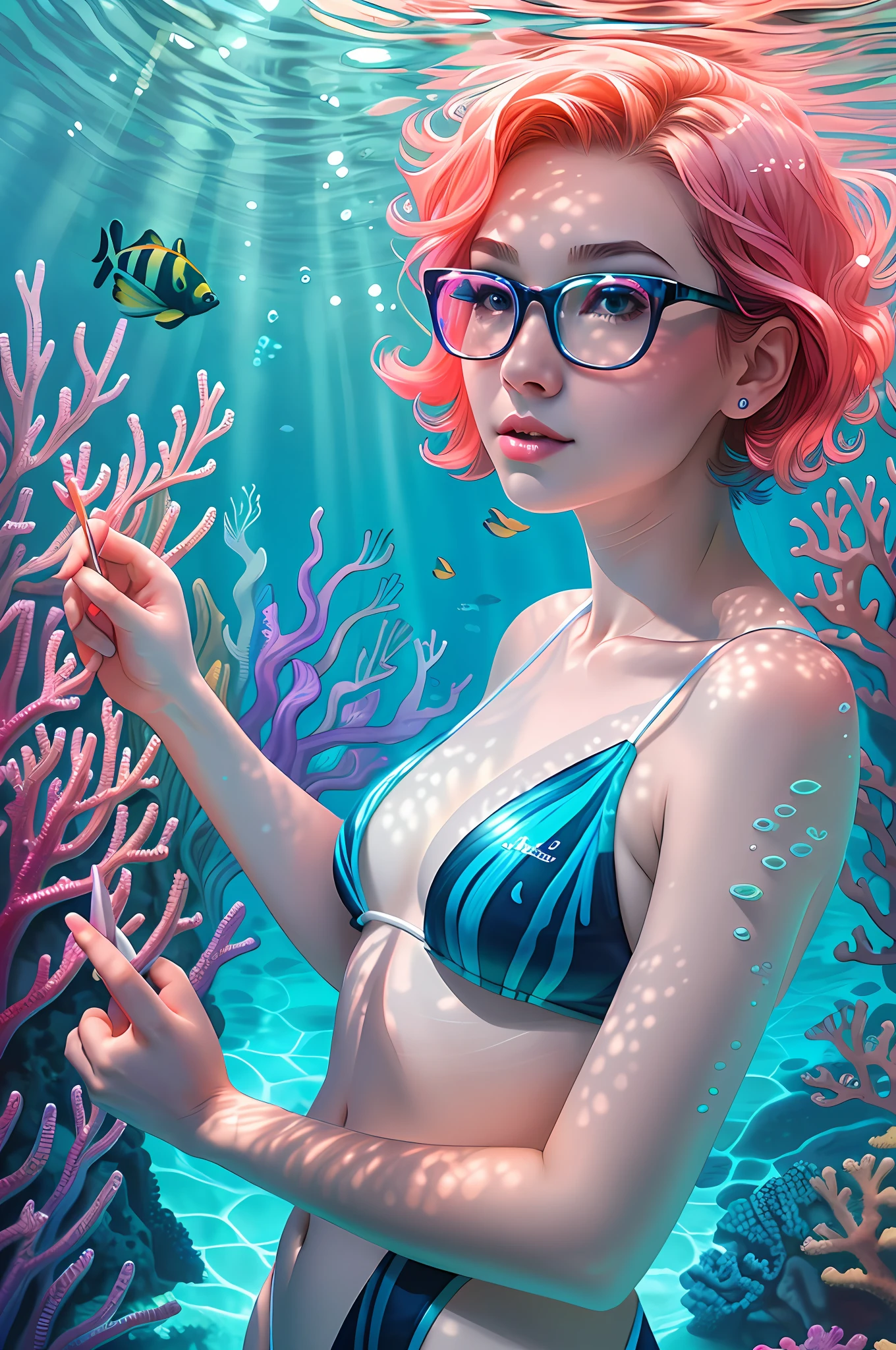 Mature Woman, 1girl, Short Hair, Glasses, Small Breasts, Underwater, Sea, Digital Painting, Medium Scene, Soft Light, (Coral Swimming Tropical Fish), (Pale Skin: 1.2), Sharp Swimsuit, Analytic Art, Detail Painting, Bioluminescence, Rainbow Paint, Intricate Artwork by Tooth Wu, (Art of Android Jones), Octane, Blue Eyes, Bright Face